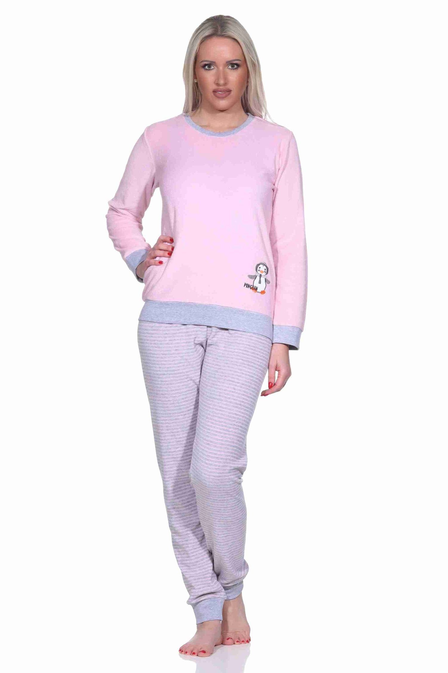Normann Pyjama Damen Frottee Pyjama langarm mit Bündchen und Pinguin Stickerei Ringel klein rosa