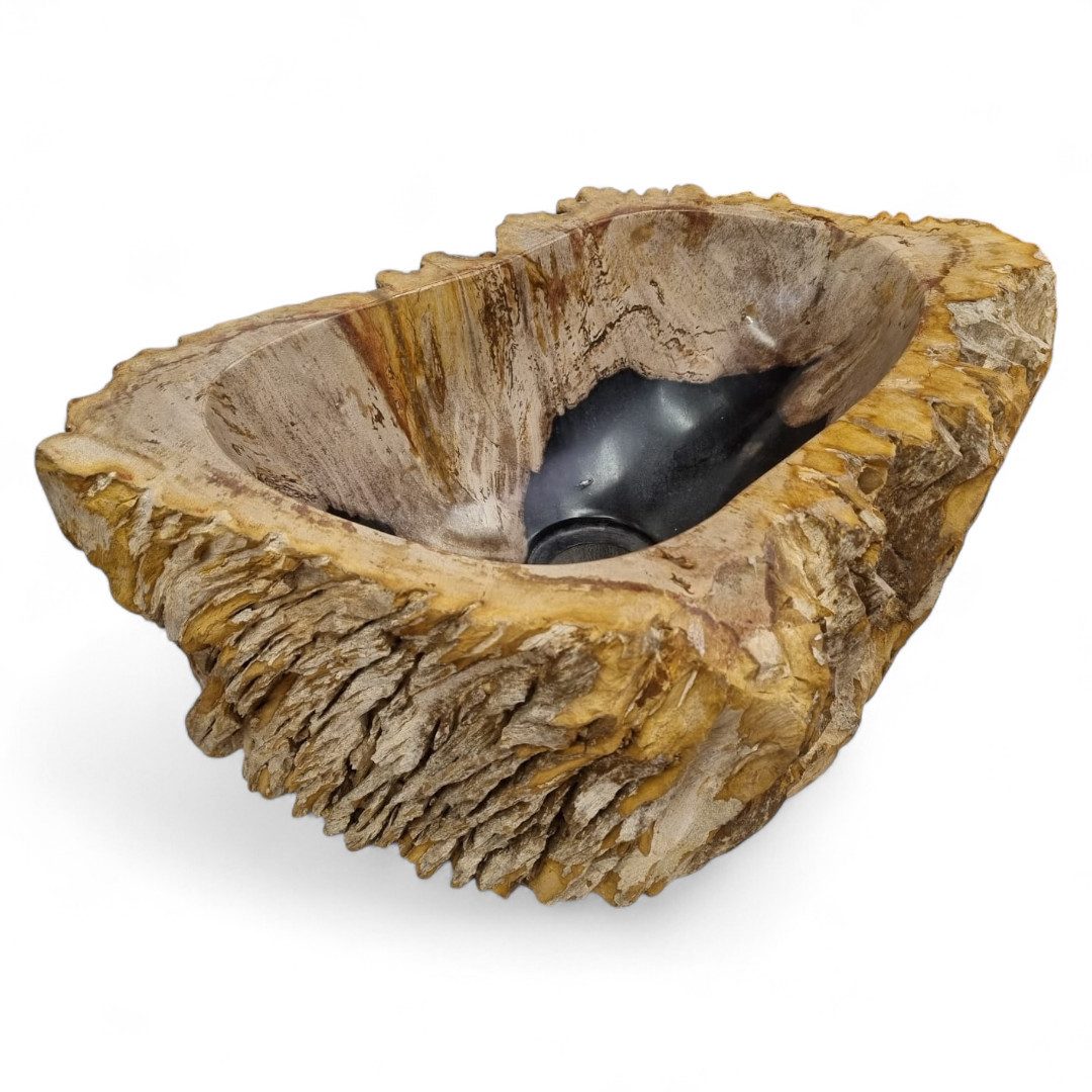 Kinaree Aufsatzwaschbecken Versteinertes Holz Waschbecken #12 Naturstein Waschschale, poliert, Naturstein, Beige, Braun, Schwarz, Bruchstein