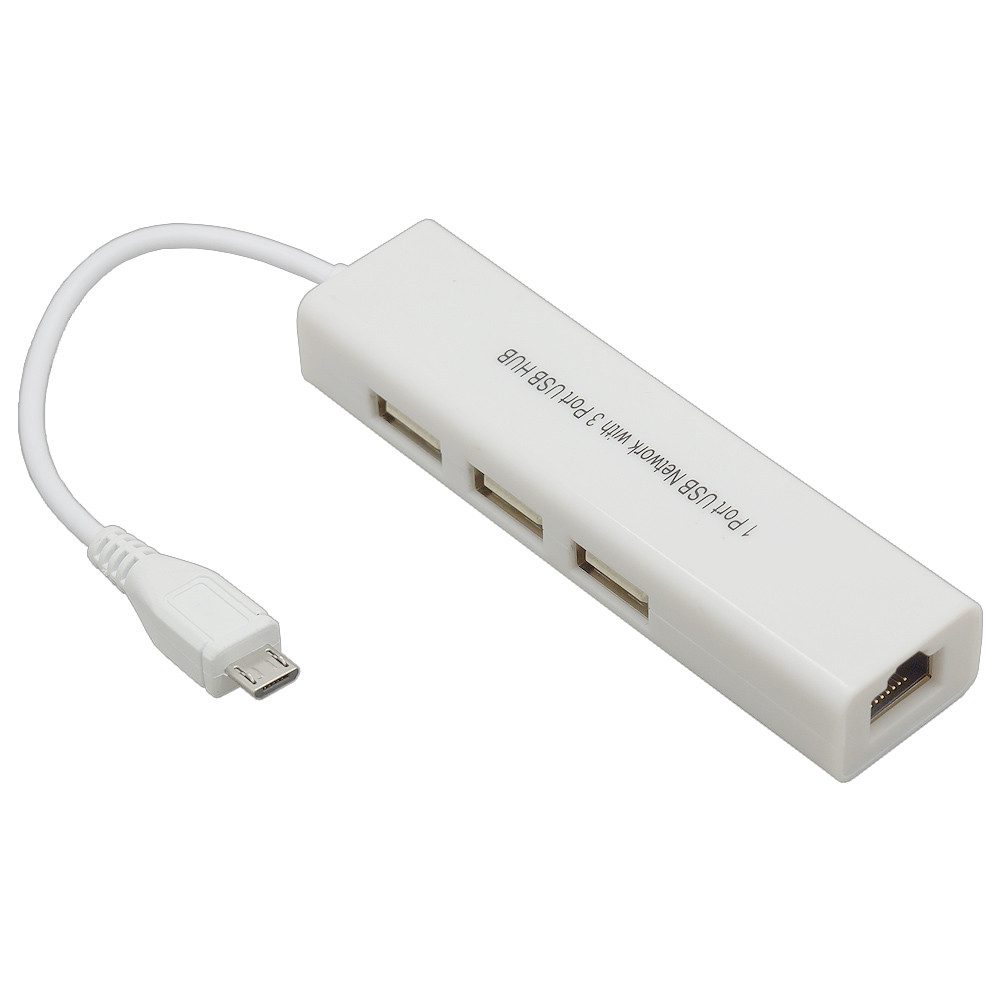 Micro USB 2.0 Fast Ethernet Netzwerkkonverter + 3 Port USB Hub weiß USB-Adapter