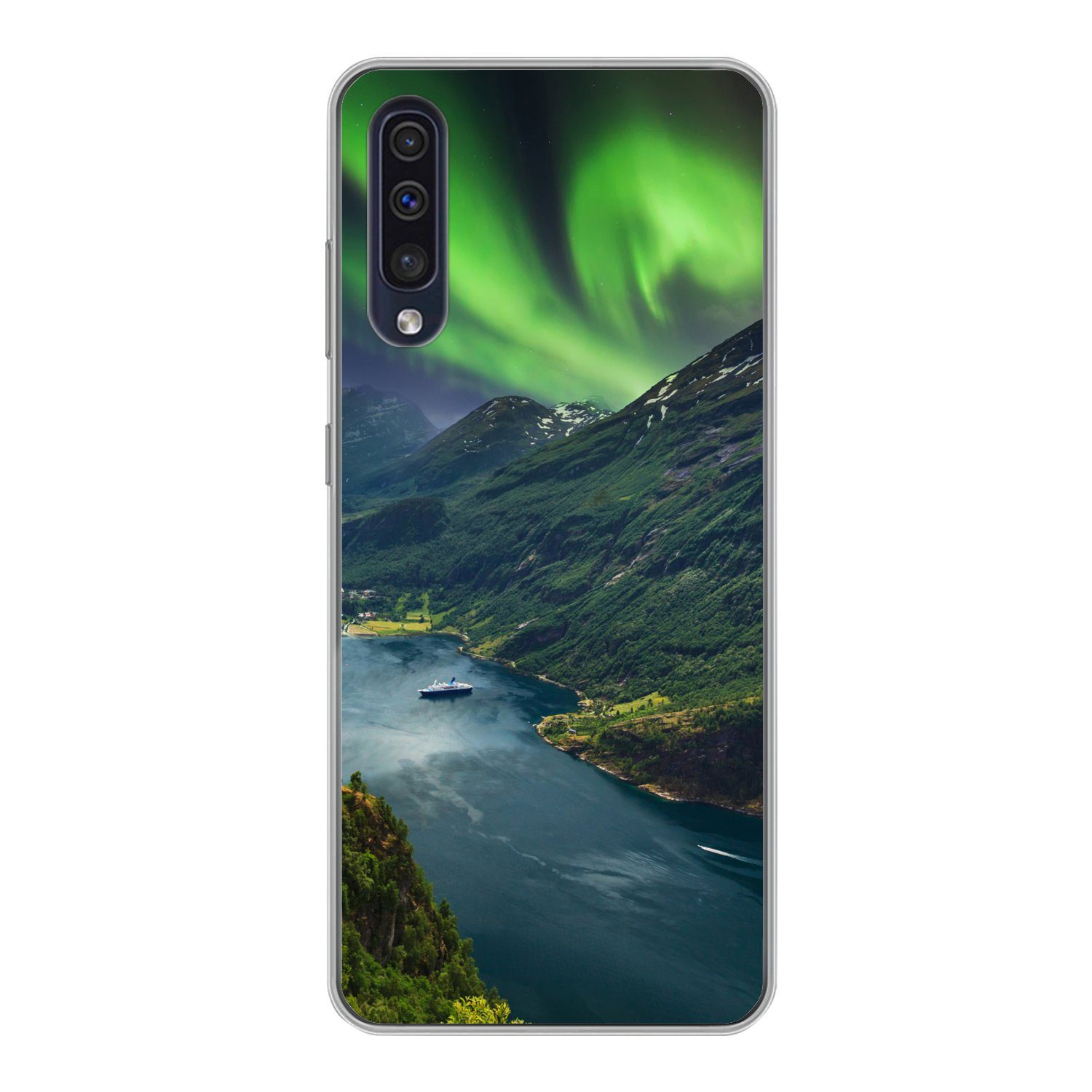 MuchoWow Handyhülle für Samsung Galaxy A30s Nordlichter - Berg - Boot - Norwegen, Smartphone-Bumper, Print, Handy Schutzhülle Dünn