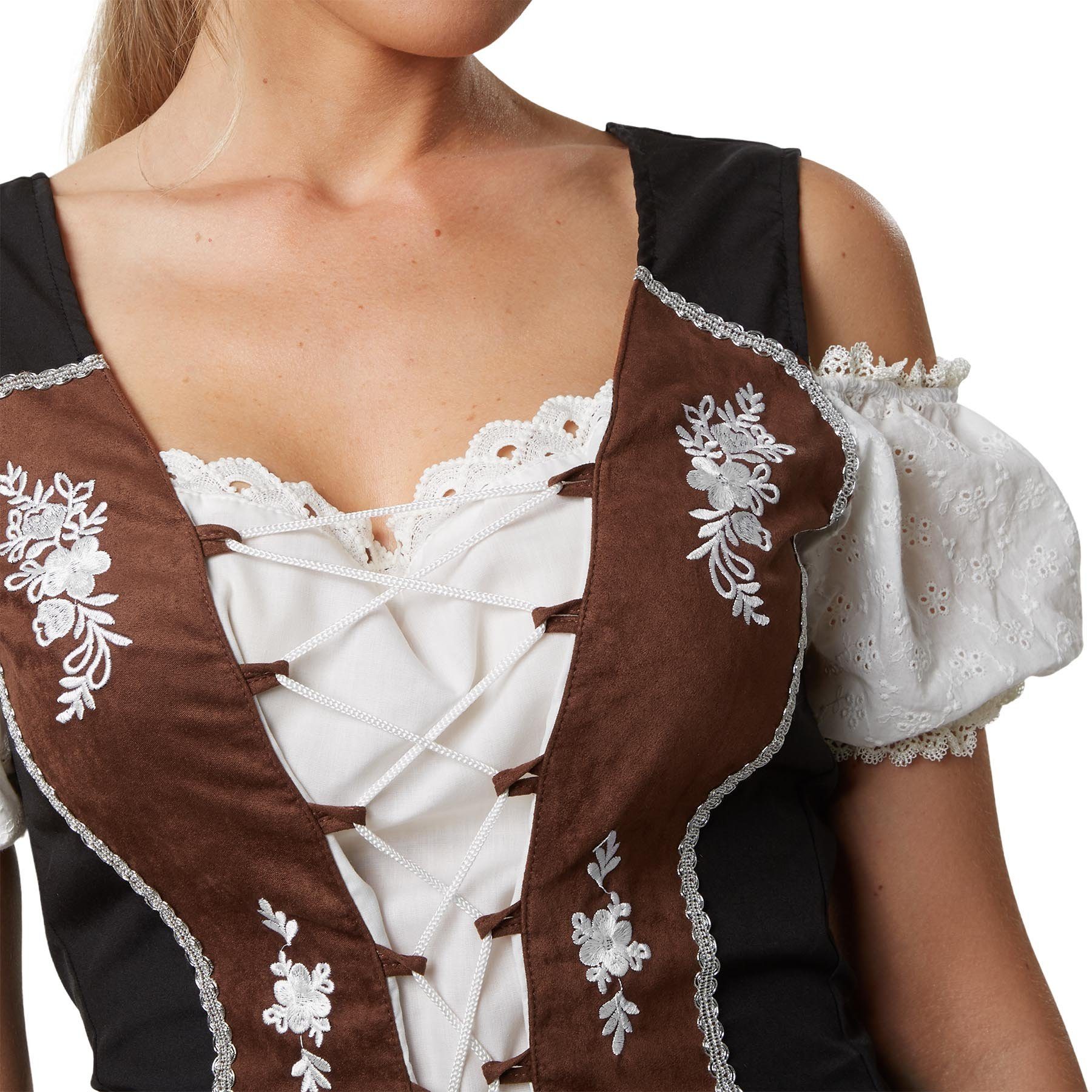 dressforfun Trachtenbluse Dirndlbluse aus reiner Baumwolle mit Carmen-Ausschnitt und Schnürung (Landhausbluse Sissi, in braun/schwarz/weiß) Seitliche Blumenstic – Bild 3 von 5