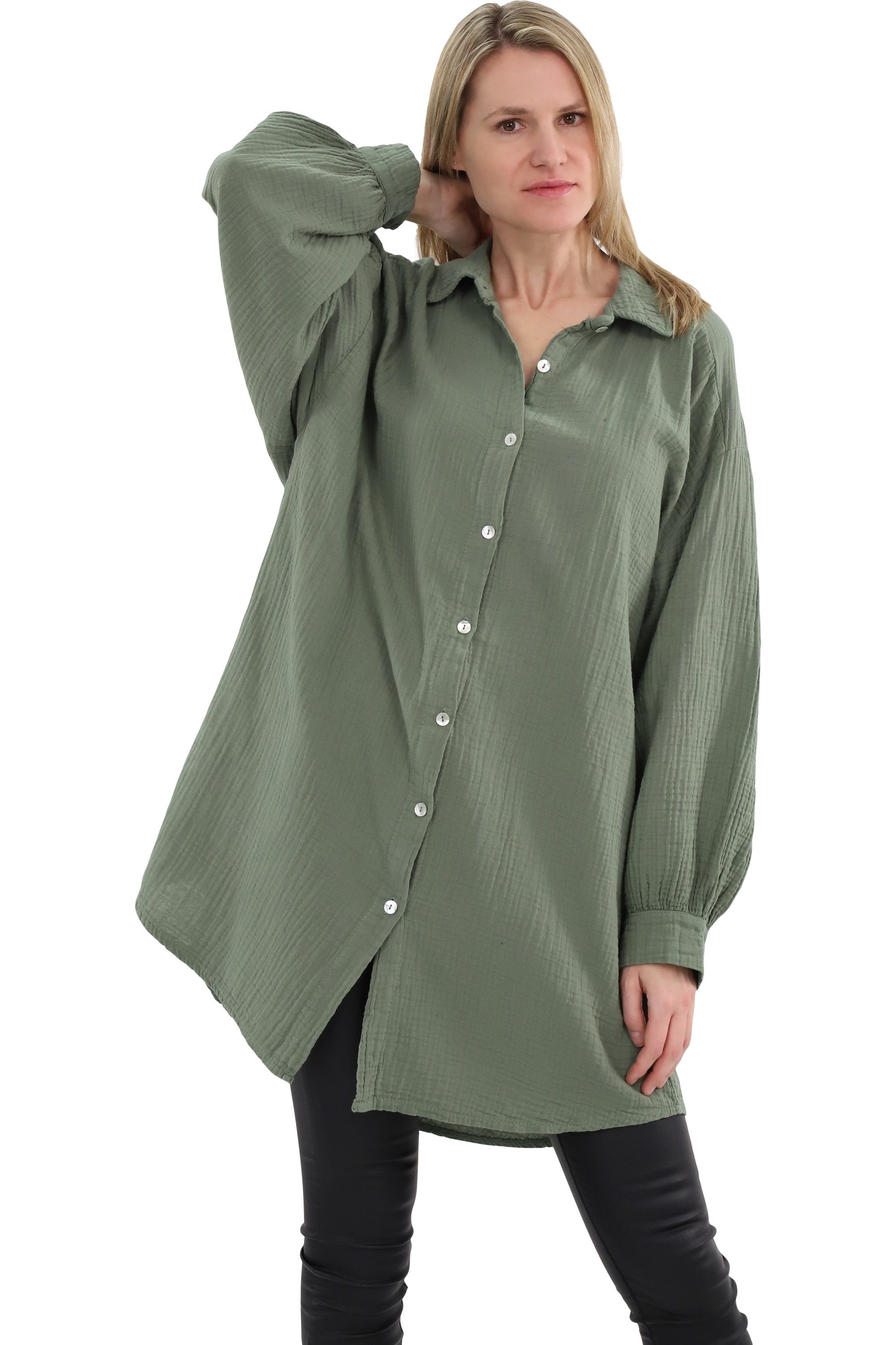 malito more than fashion Hemdbluse malito Damen Musselin Bluse, Oversize Blusenhemd im lässigem Look, weicher Musselinstoff - Einheitsgröße