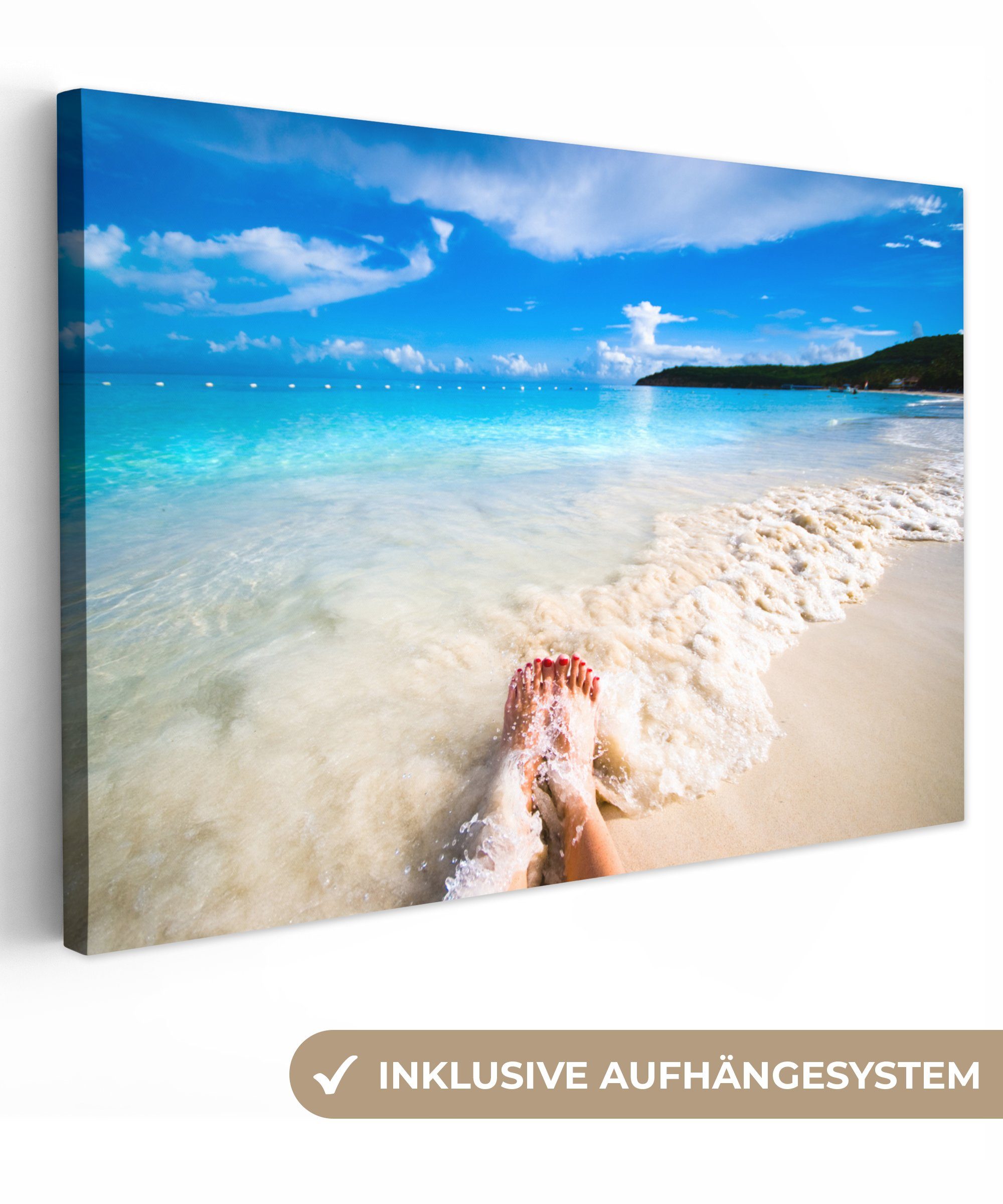 OneMillionCanvasses® Leinwandbild Strand - Sand - Füße, (1 St), Wandbild Leinwandbilder, Aufhängefertig, Wanddeko, 30x20 cm