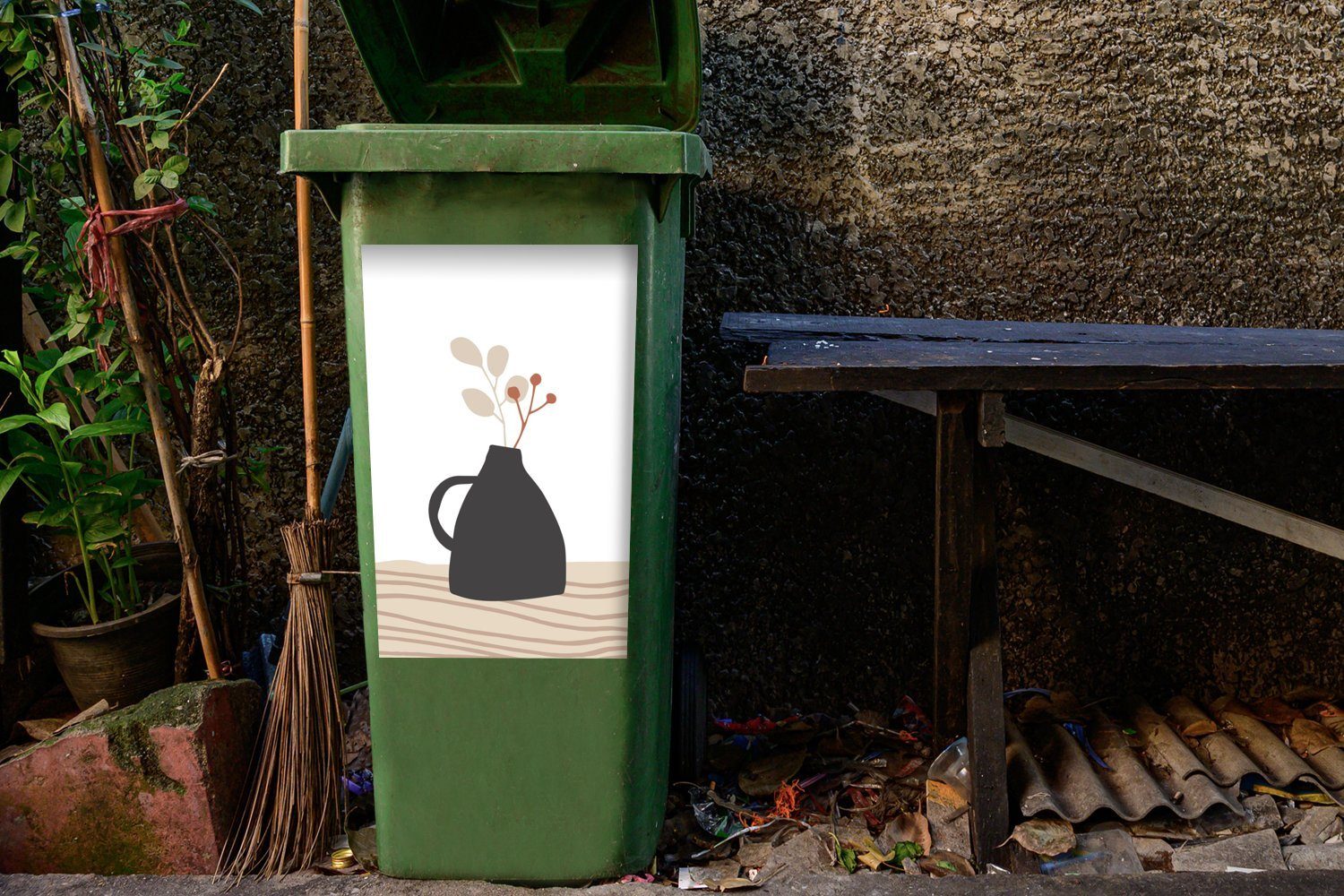 MuchoWow Wandsticker Sommer (1 St), Mülleimer-aufkleber, Blume - Abfalbehälter - Schwarz Weiß Sticker, Container, - Mülltonne