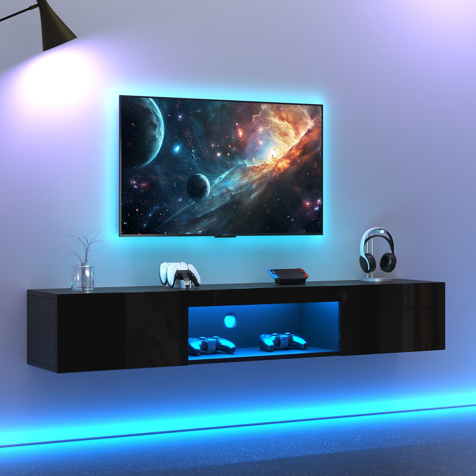 Merax Lowboard hängend mit Türen und offenes Fach, Fernsehtisch hochglanz,TV-Schrank mit LED,TV-Ständer,APP,B:160cm