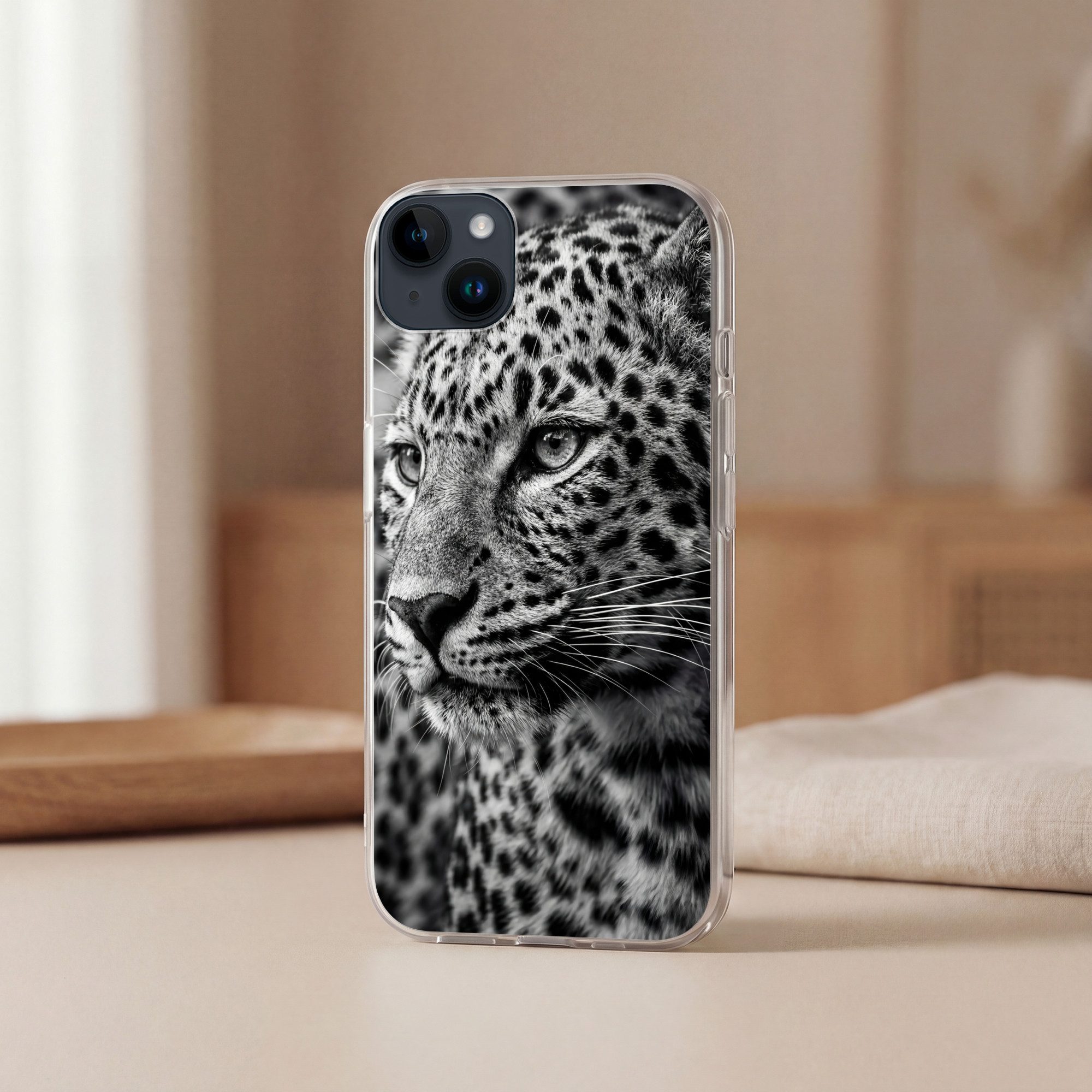 MuchoWow Handyhülle für Apple iPhone 14 Plus Leopard - Schwarz - Weiß - Auge, Smartphone-Bumper, Print, Handy Schutzhülle Dünn