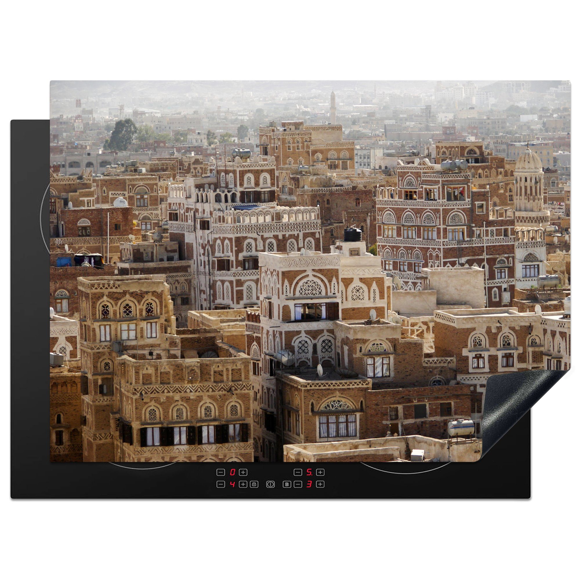 MuchoWow Herdblende-/Abdeckplatte Überfüllte Straßen in der Altstadt von Sanaa im Jemen, Vinyl, (1 tlg), 70x52 cm, Mobile Arbeitsfläche nutzbar, Ceranfeldabdeckung