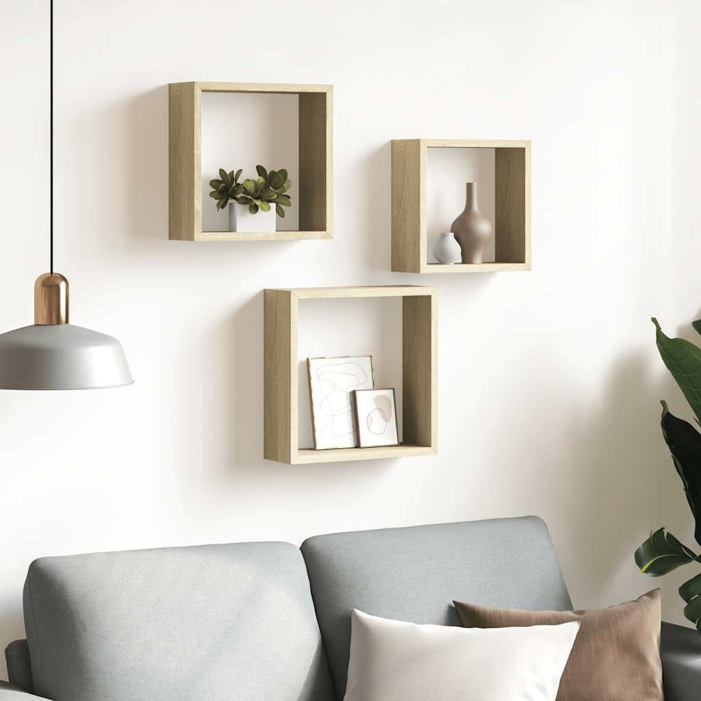 furnicato Regalwürfel 3er Set Wand-Würfelregale MDF Sonoma-Eiche 30x10x30 cm, 27x10x27 cm