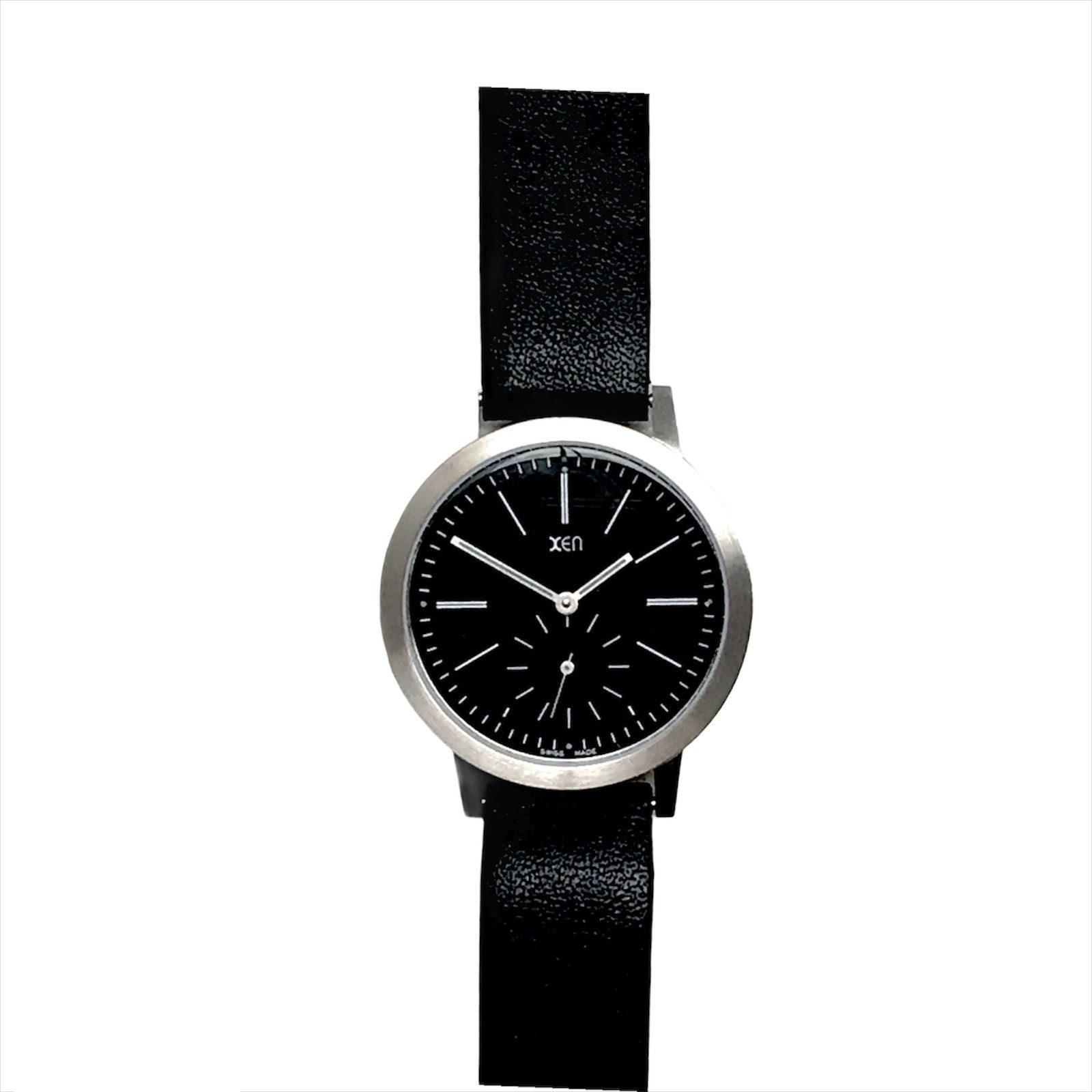 XEN Quarzuhr Damen Schwarz Edelstahl Swiss Made Leuchtzeiger Lederband XQ0033, schmale Uhr, kleine Sekunde, versenkte Krone im Gehäuse