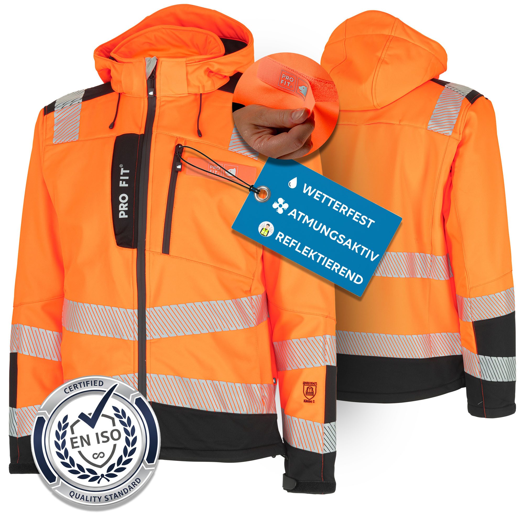 PRO FIT Arbeitsjacke Warnschutz Softshelljacke, Neonorange/Schwarz, Wasserabweisend, Winddicht, Abnehmbare Kapuze, Atmungsaktiv, Reflektor