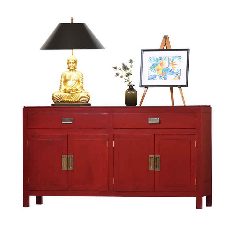 Kai Wiechmann Sideboard »Sideboard im asiatischen Stil rot 155 x 40 cm Anrichte Büfett«, rot lackiert, mit 2 Schubladen, viertürig, Used Look, Massivholz