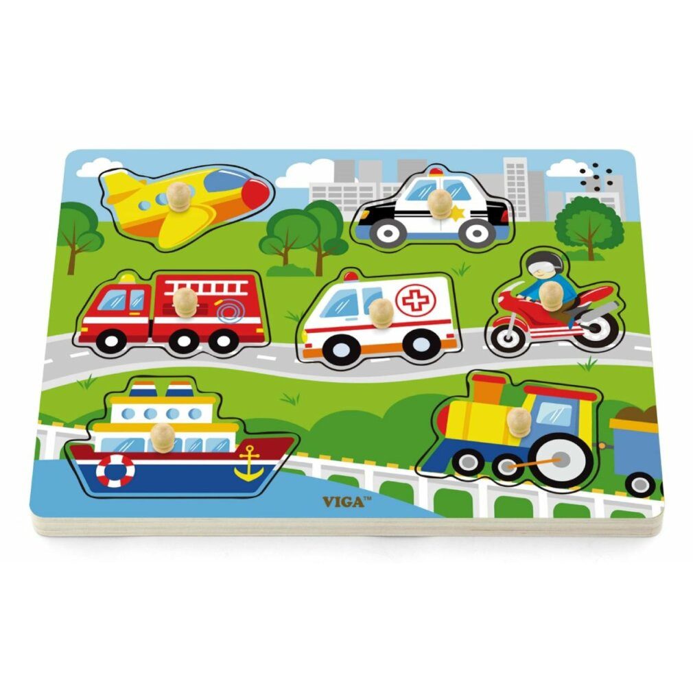 Viga® Holzspielzeug Puzzle VIGA Holzpuzzle mit Geräuschen Fahrzeuge, Puzzleteile