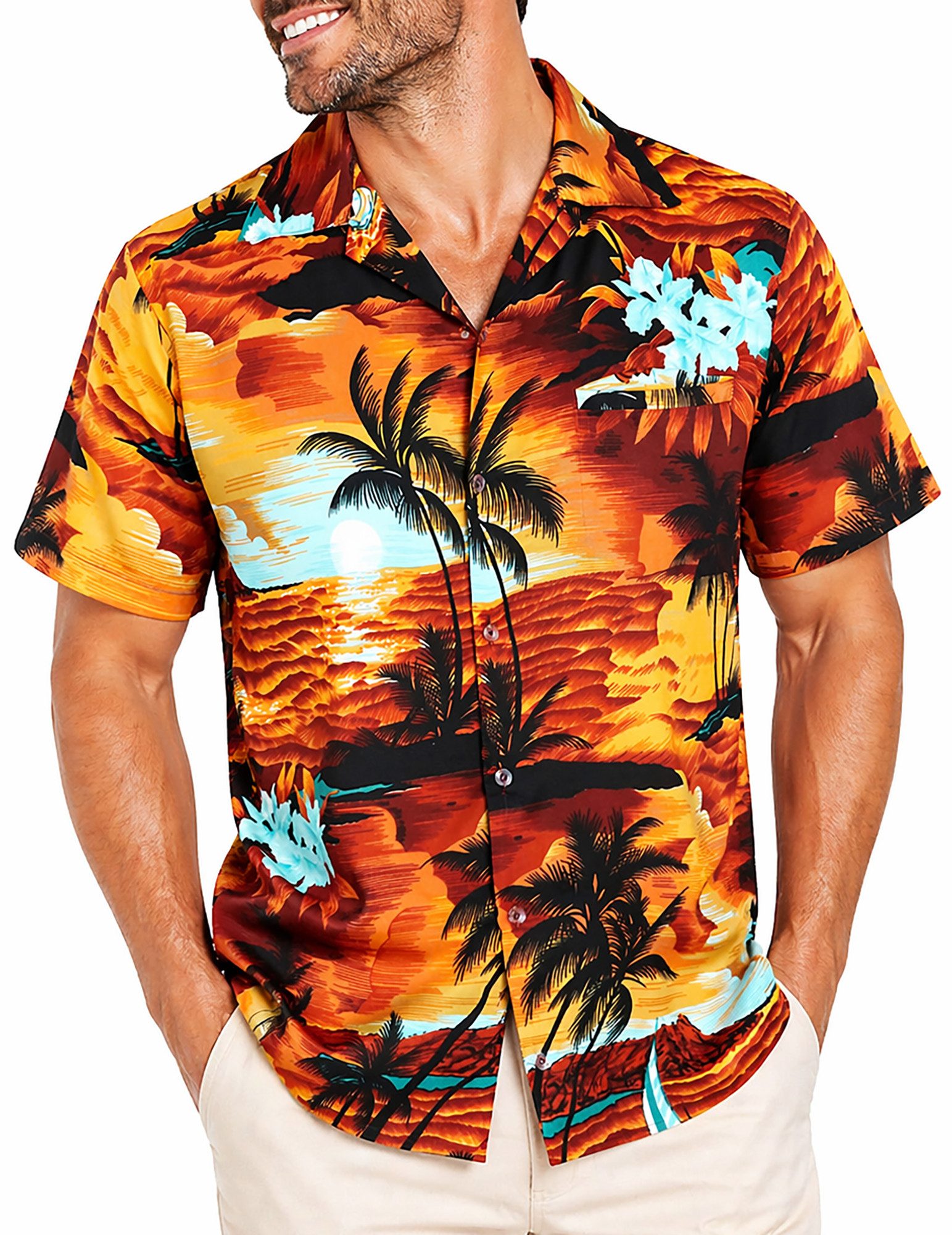 King Kameha Hawaiihemd "Surf" Funky Hawaii-Hemd Herren Kurzarm Front-Tasche Sommerhemd