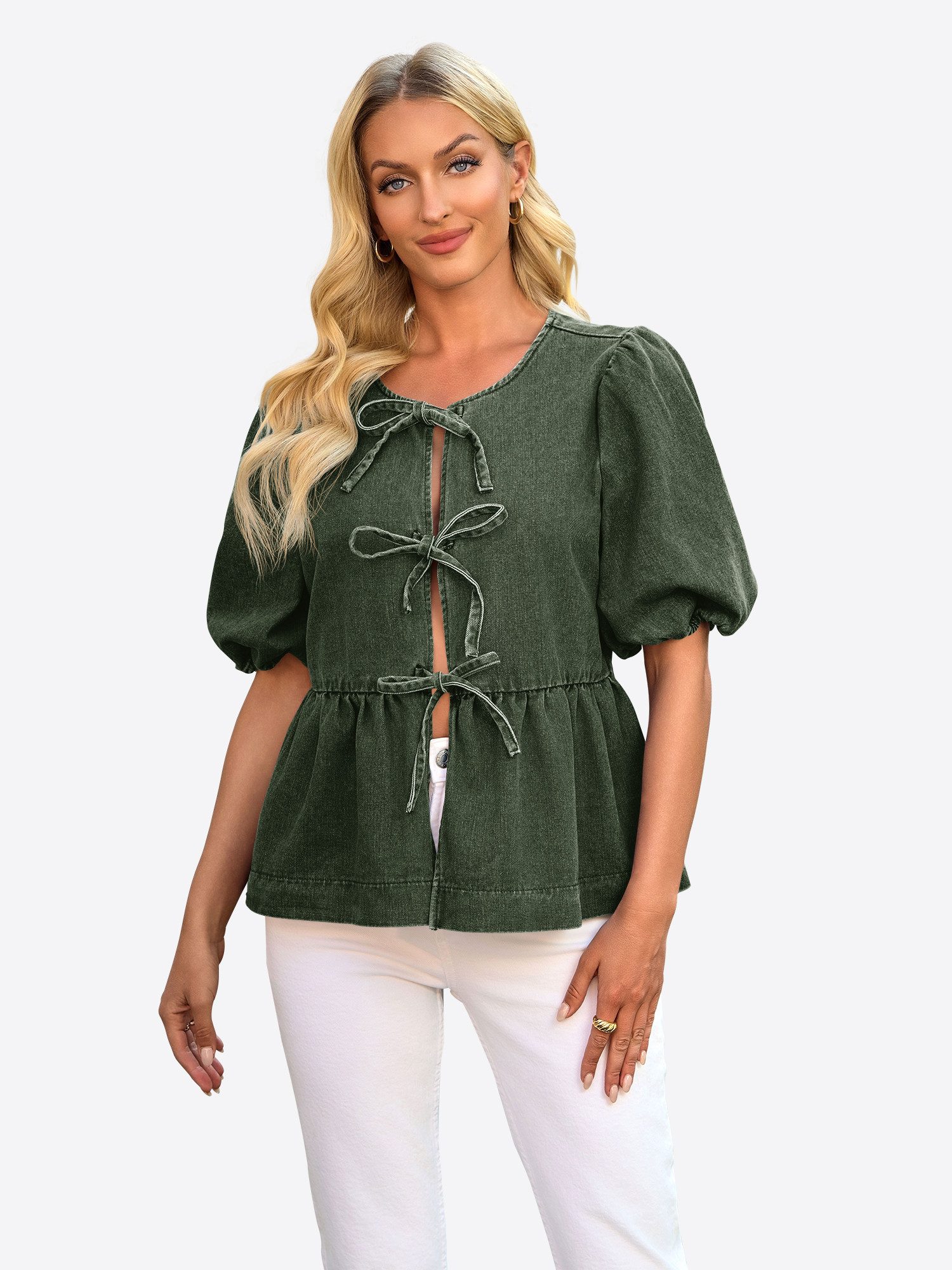 Imily Bela Jeansbluse Damen Lässige Blusen mit Schleife vorne (Packung, 1-tlg., 1per-Pack) einfarbig