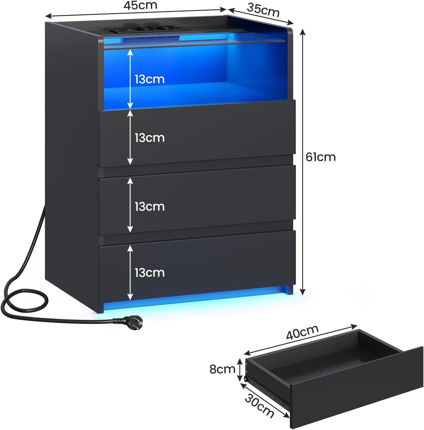 MSMASK Nachttisch mit LED-Beleuchtung und Steckdosen, 3 Schubladen, 45x35x6 günstig online kaufen