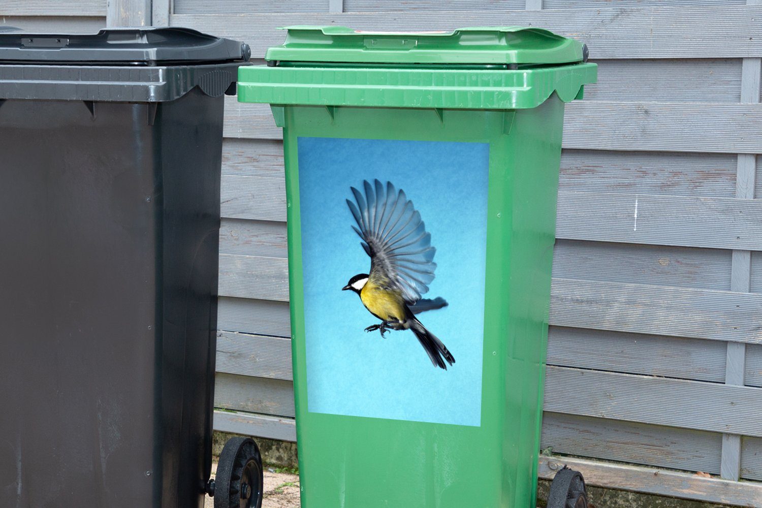 MuchoWow Wandsticker Eine Kohlmeise Mülleimer-aufkleber, Hintergrund St), blauem Mülltonne, vor (1 Container, Sticker, Abfalbehälter