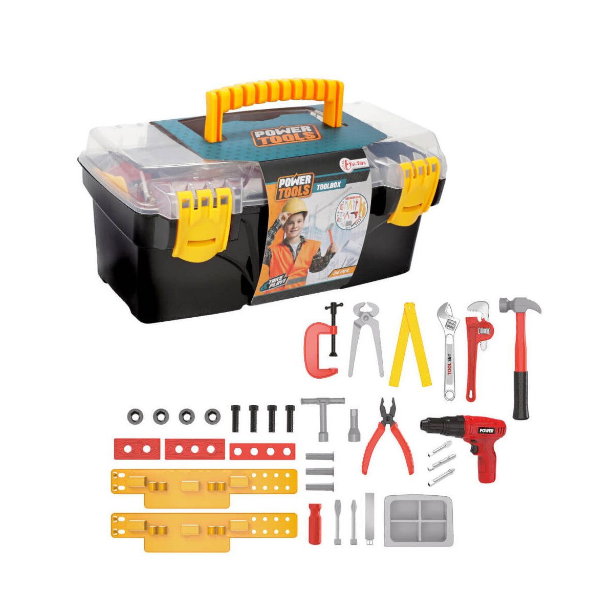 Toi-Toys Kinder-Werkzeug-Set POWER TOOLS Werkzeuge im Werkzeugkasten 35 teiliges Kinderwerkzeug, 35-teiliges Kinderwerkzeug