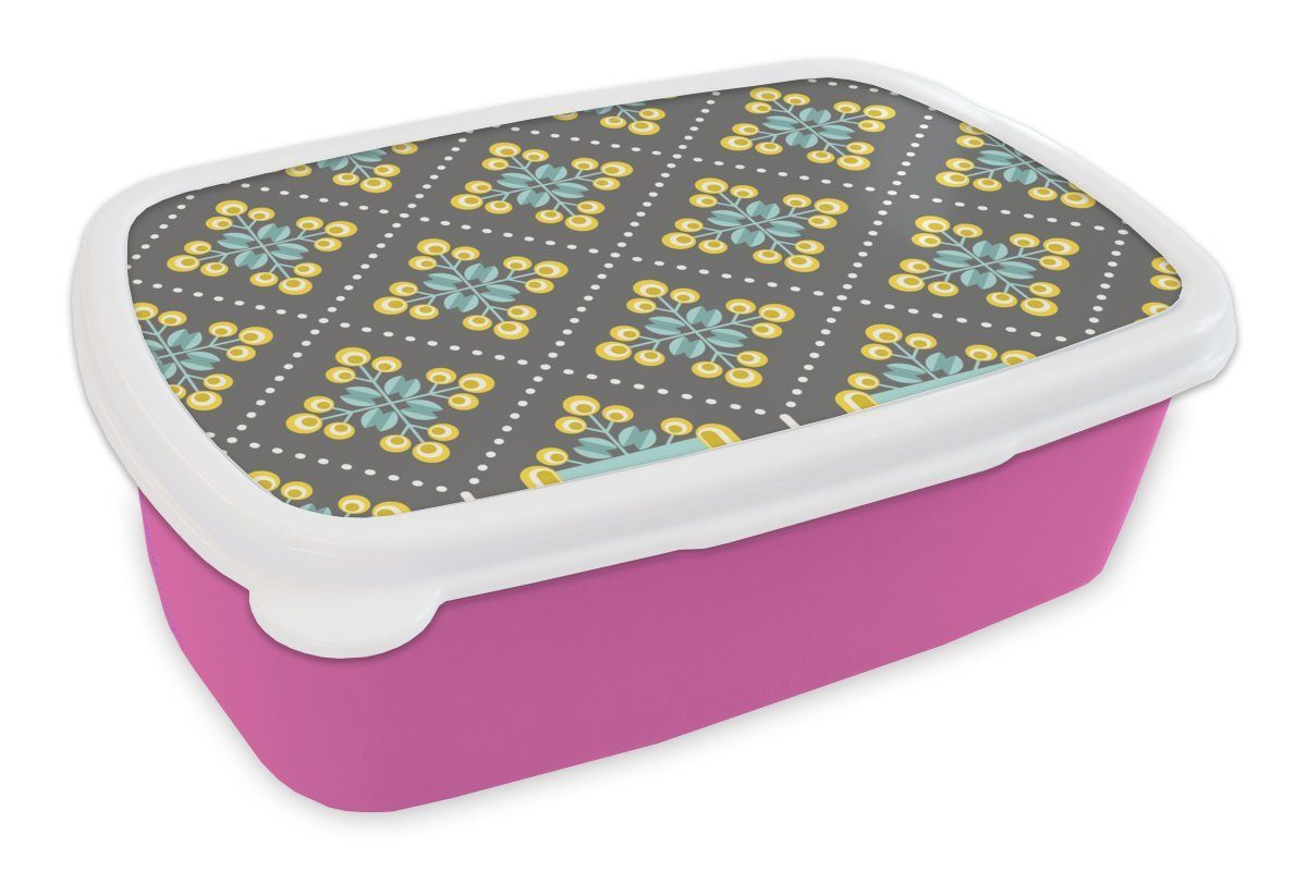 MuchoWow Lunchbox Design - Kariert - Blumen - Grau, Kunststoff, (2-tlg), Brotbox für Erwachsene, Brotdose Kinder, Snackbox, Mädchen, Kunststoff rosa