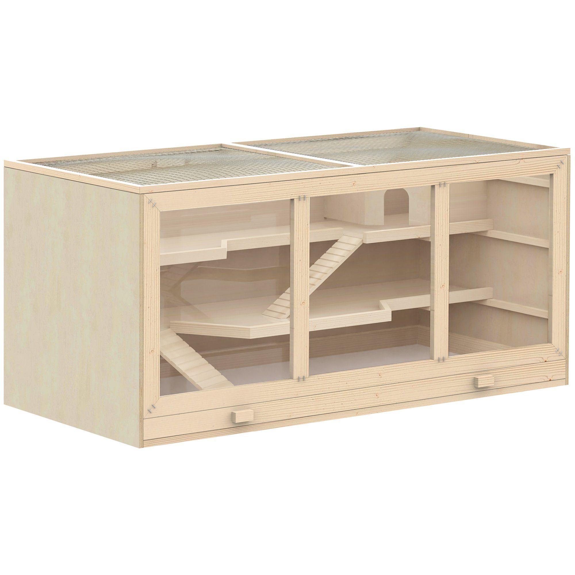 PawHut Kleintierkäfig Kleintierstall aus Holz Mäusekäfig mit Treppen PVC Naturholz, 115L x 57B x 55H cm