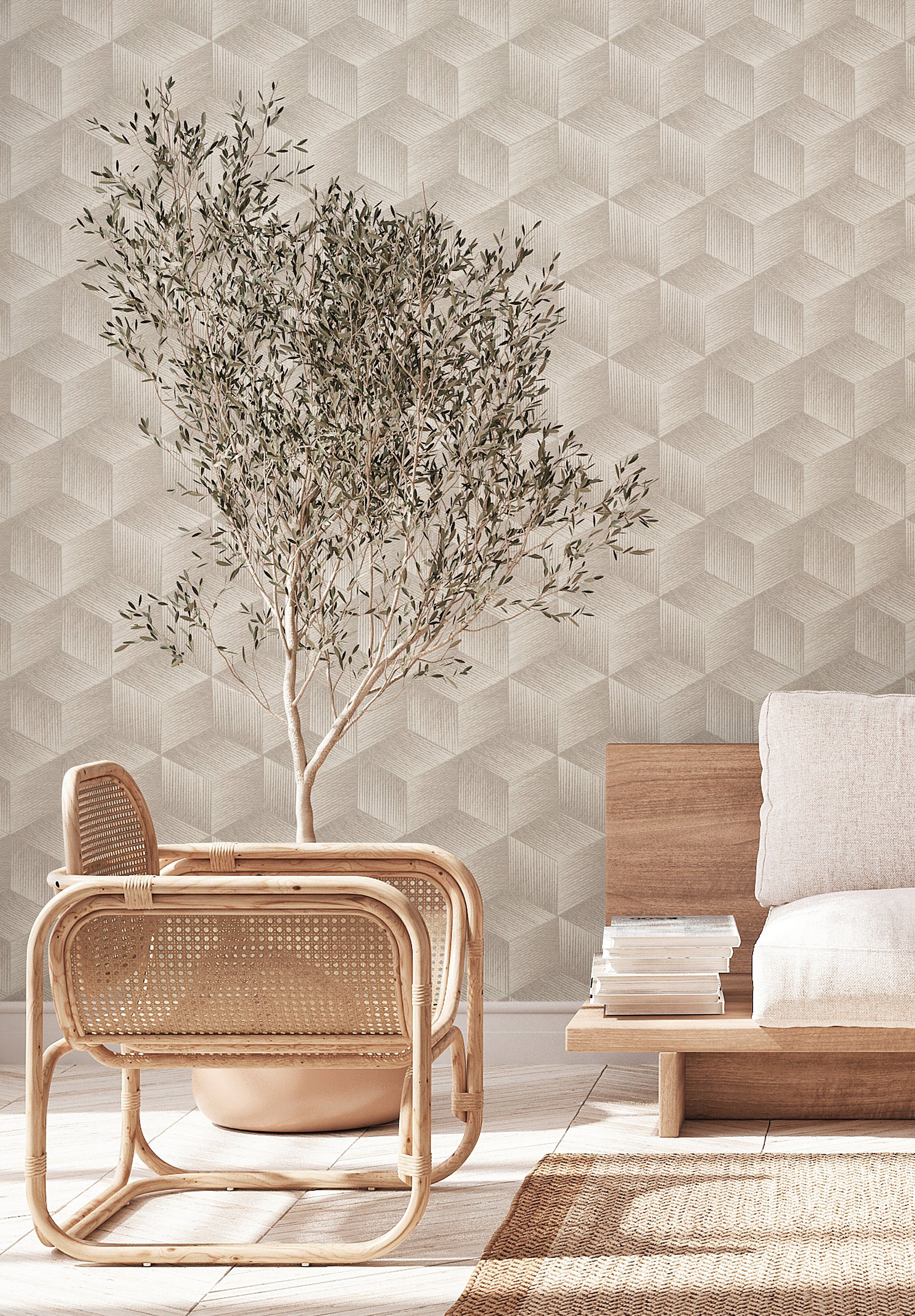 A.S. Création Vliestapete Natural Living 3D Tapete, leicht strukturiert, matt, gemustert, neutral, (1 St), 3D Tapete Vlies Vlies Wand Tapeten Wohnzimmer Schlafzimmer Küche Optik