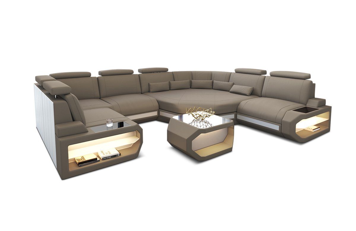 Dreams Mokka-Weiss Sofa Asti USB Wohnlandschaft Sofa Couch mit, Stoffsofa Mini Stoff U C92 Polster LED,