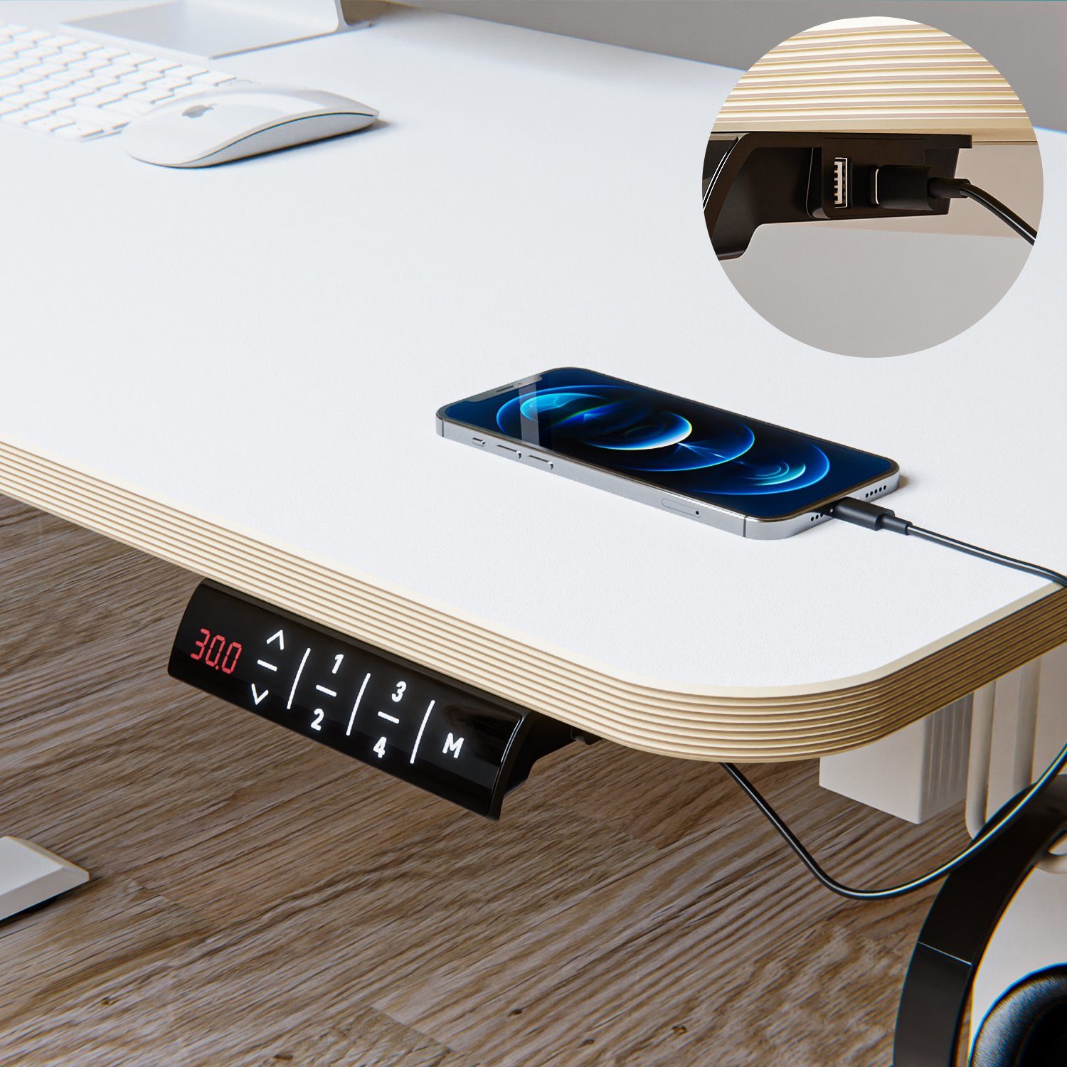 KOWO Schreibtisch Höhenverstellbarer Schreibtisch 160 USB Tischgestell, C cm und iPad, Bürotisch Ladegerät mit für Weiß Netzteil iPhone, MacBook, USB Handy mit