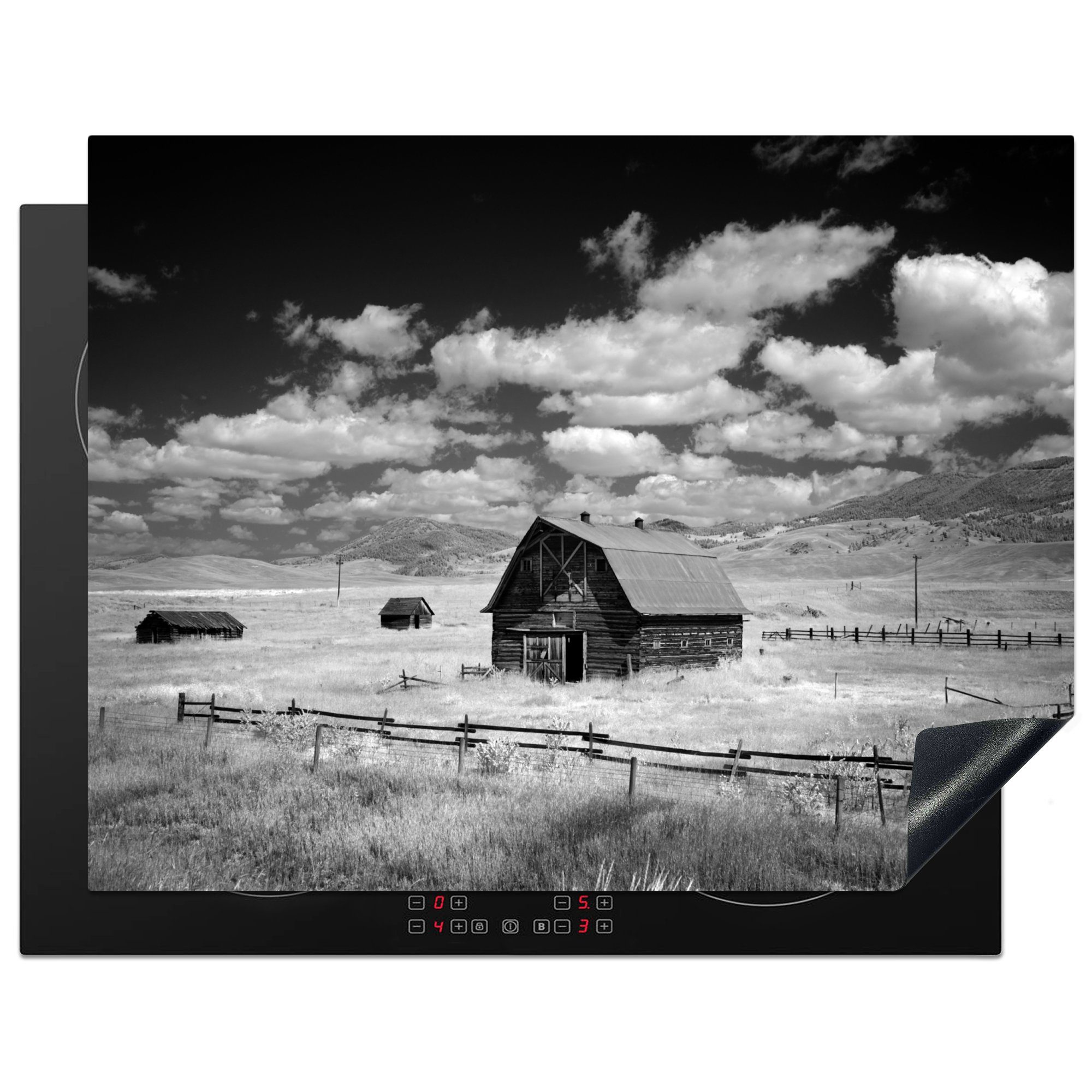 MuchoWow Herdblende-/Abdeckplatte Amerika - Schwarz - Weiß - Scheune, Vinyl, (1 tlg), 77x59 cm, Ceranfeldabdeckung, Arbeitsplatte für küche