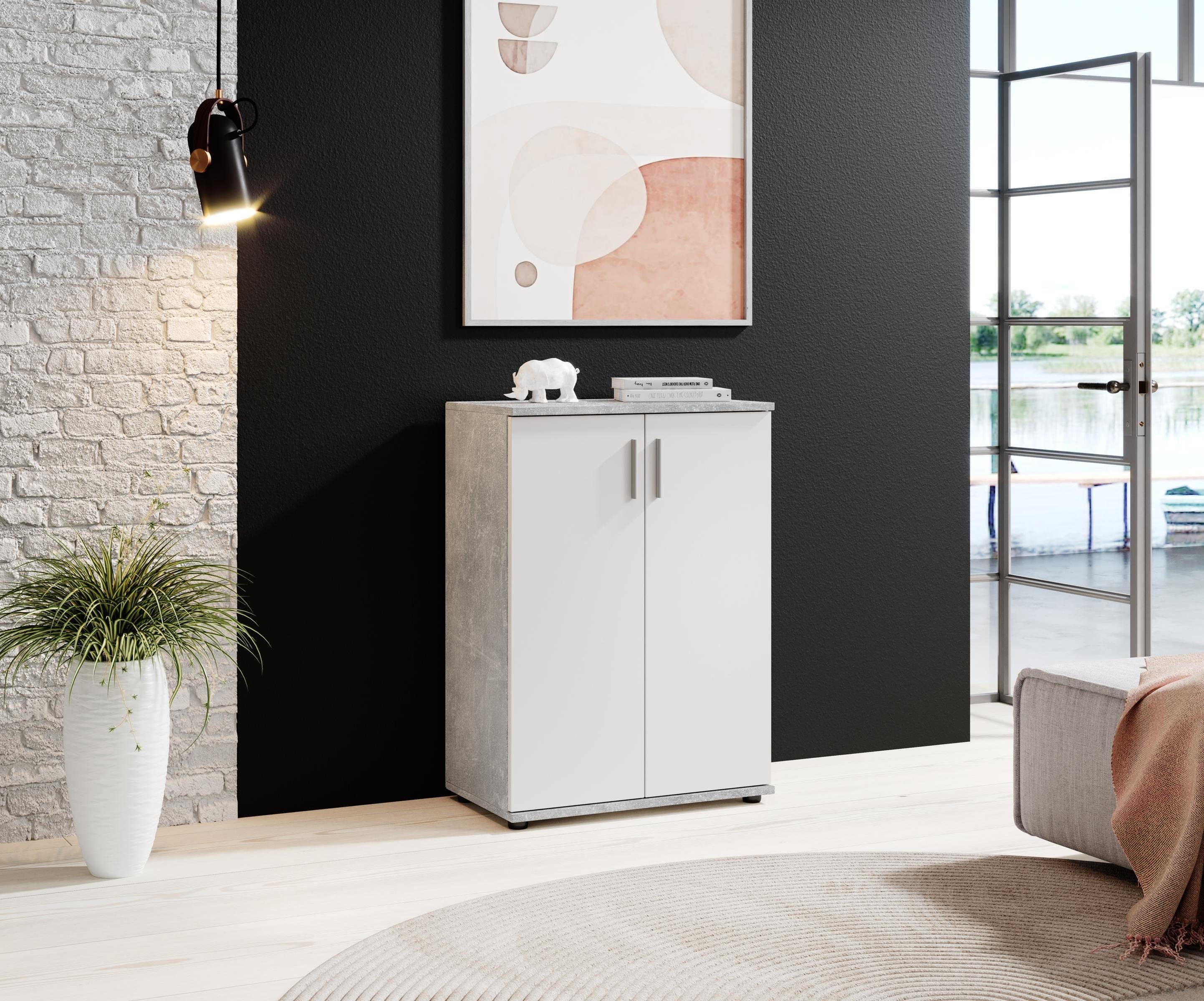 Bega Consult Kommode aus Spanplatte, in Beton/weiß, mit 2 Türen, 1 Einlegeboden (B/H/T 60 x 82 x 35 cm)