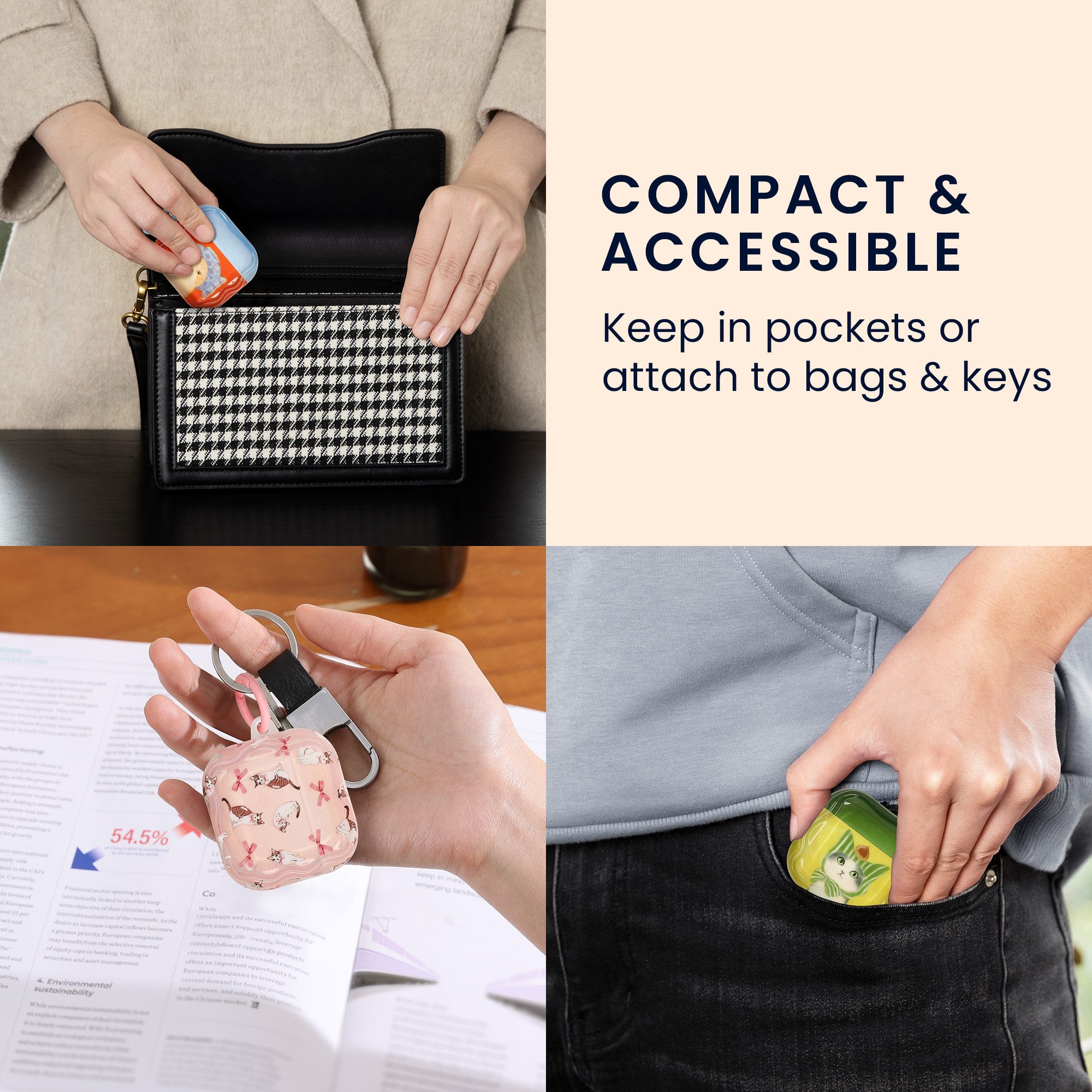 kwmobile Kopfhörer-Schutzhülle In-Ear Kopfhörer Case für Apple Airpods 4, Hülle mit Karabiner - Headphones Case - Katze mit Bänder Design – Bild 5 von 5