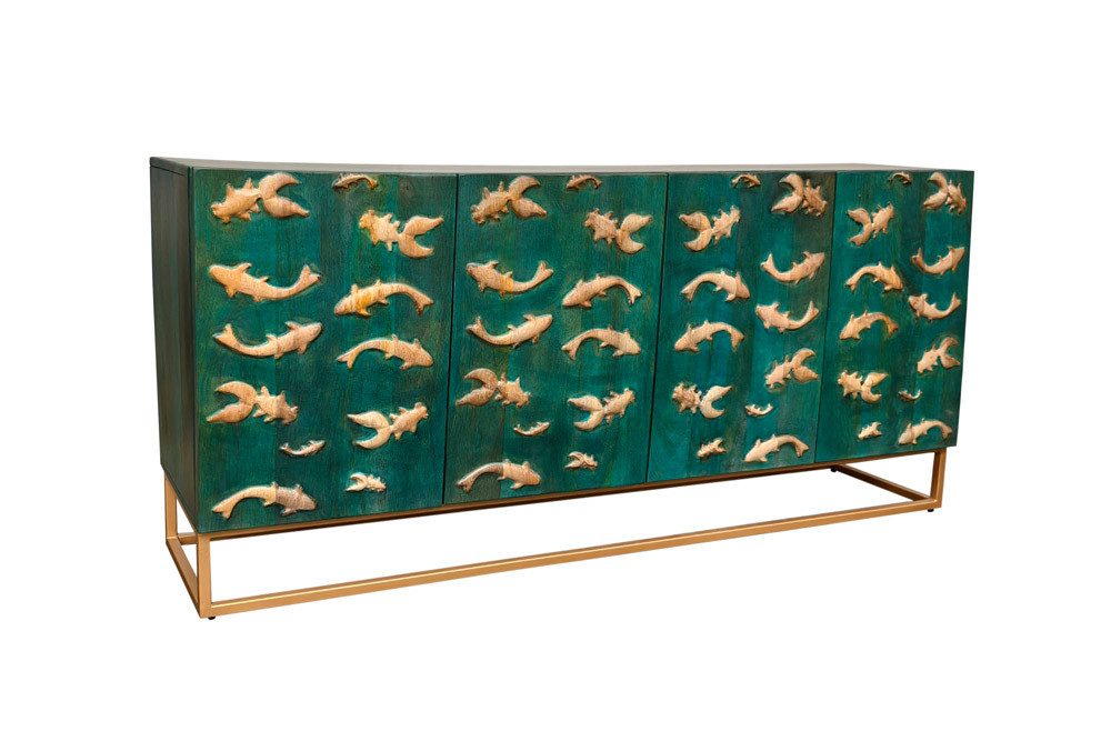 riess-ambiente Sideboard GOLDEN LAGOON 180cm türkis/gold- Mangoholz, Metall, 3D-Front, Stauraum (Einzelartikel, 1 St), Organizer Kommode - ideal für Flur, Wohn- & Schlafzimmer od. Fernseher