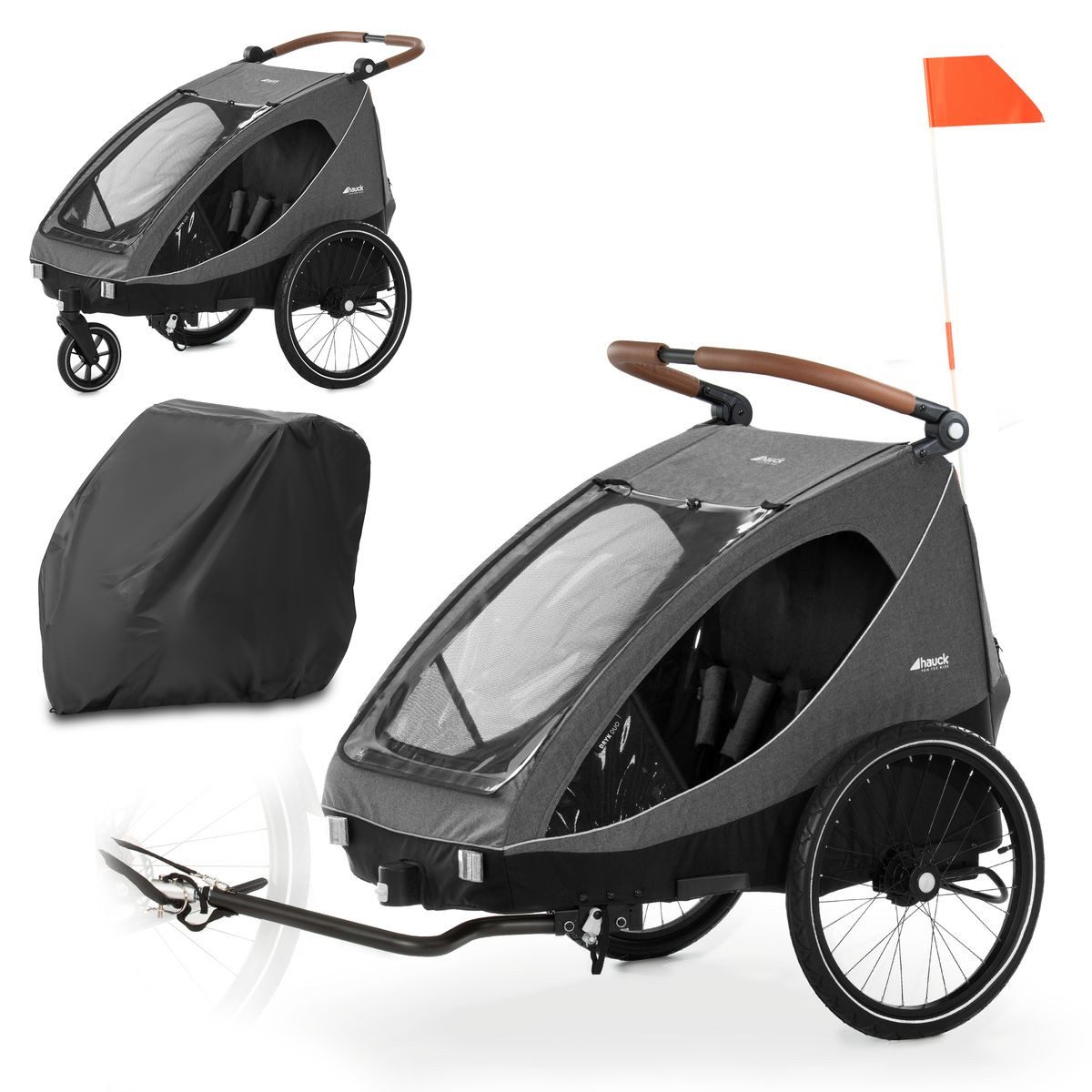 Hauck Fahrradkinderanhänger Dryk Duo - Melange Grey, Fahrradanhänger City Buggy für 2 Kinder (bis 44 kg) inkl. Faltgarage