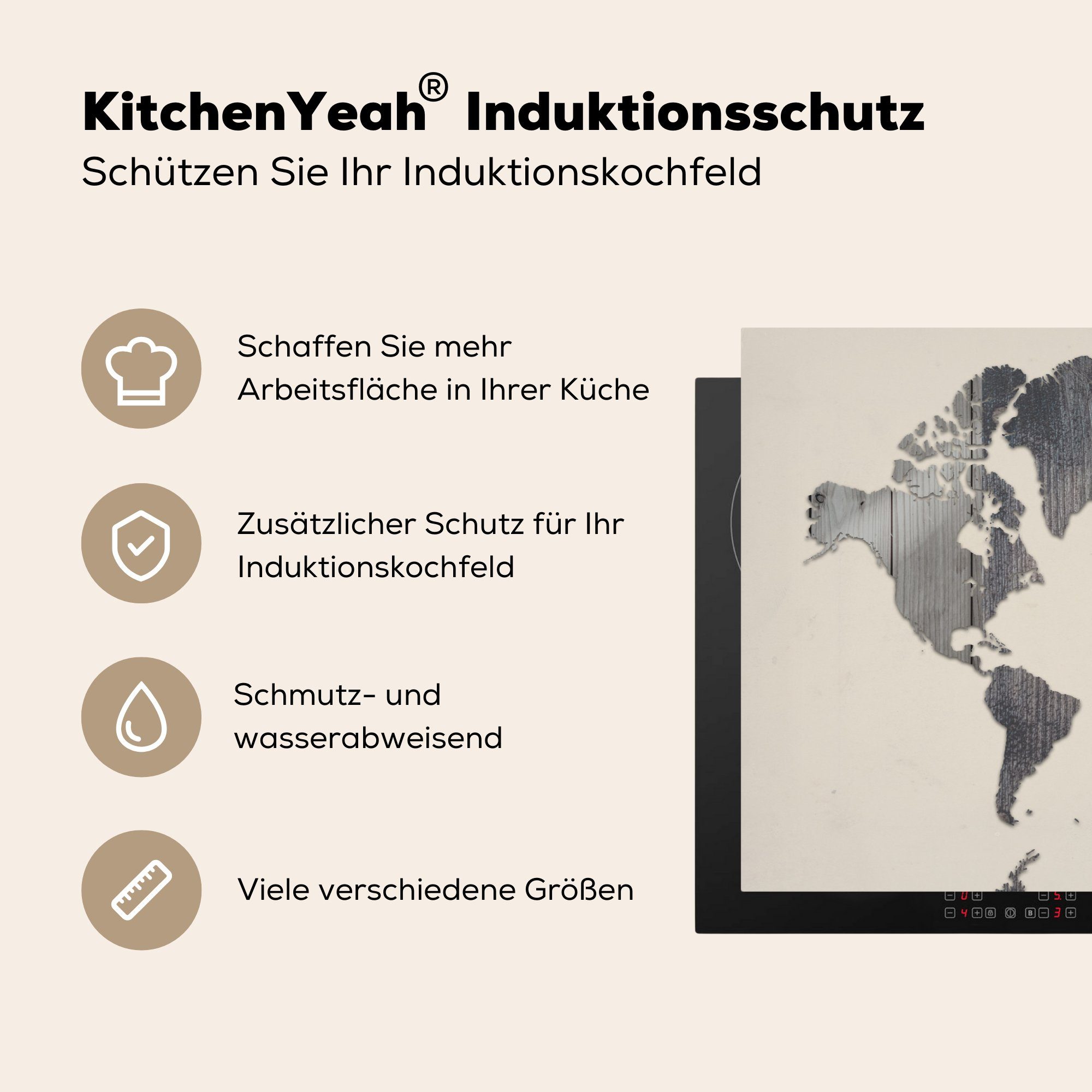 MuchoWow Herdblende-/Abdeckplatte Weltkarte - tlg), Schutz (1 cm, 81x52 Holz Grau, küche, für Ceranfeldabdeckung Vinyl, - die Induktionskochfeld