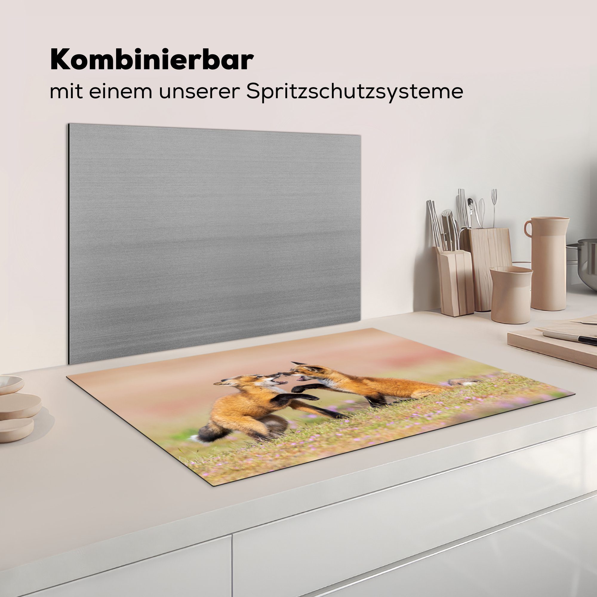 MuchoWow Herdblende-/Abdeckplatte Füchse Vinyl, Blumen Ceranfeldabdeckung 81x52 - tlg), Induktionskochfeld cm, die (1 - Porträt, für küche, Schutz