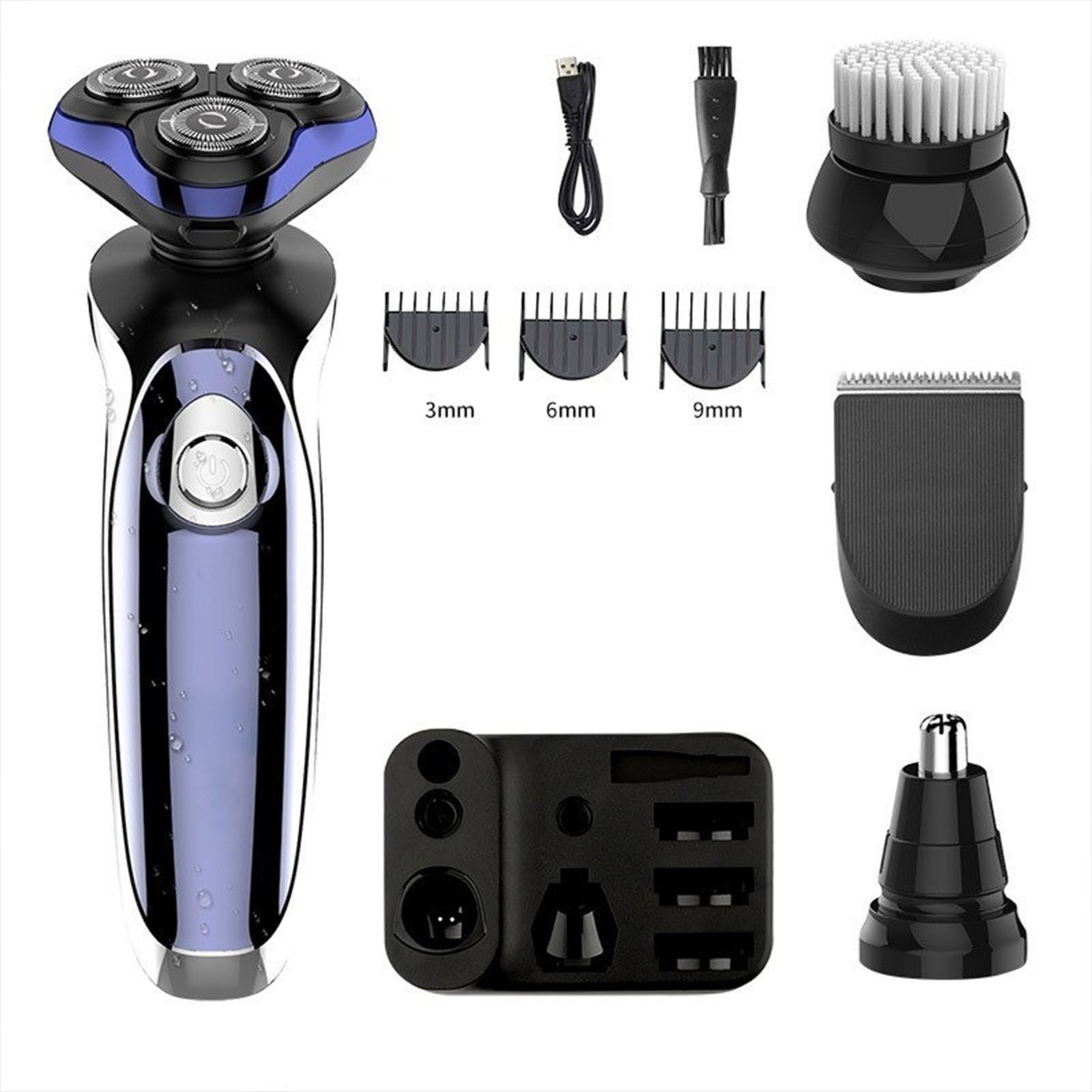 OKWISH Elektrorasierer Herren 4D Rasierer multifunktionaler Rasierapparat Set, Gesichtsrasierer, Barttrimmer Nasenhaartrimmer Trimmer Set, mit 3/6/9 Mm Grenzkämmen LCD-Display USB-Ladestation IPX6 wasserdicht