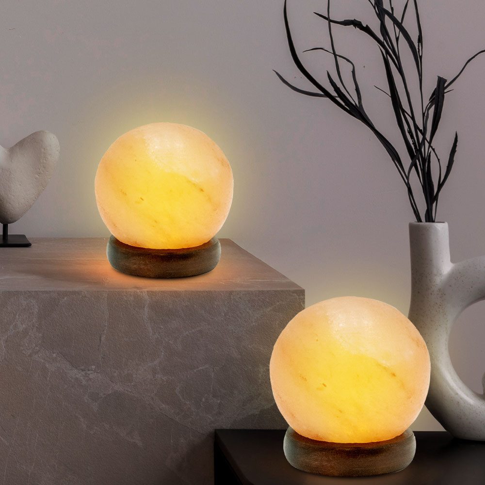 GLOBO LIGHTING LED Tischleuchte, LED-Leuchtmittel fest verbaut, Tischleuchte Nachttischlampe Schlafzimmer Salzkristall Kugel Holz 2x