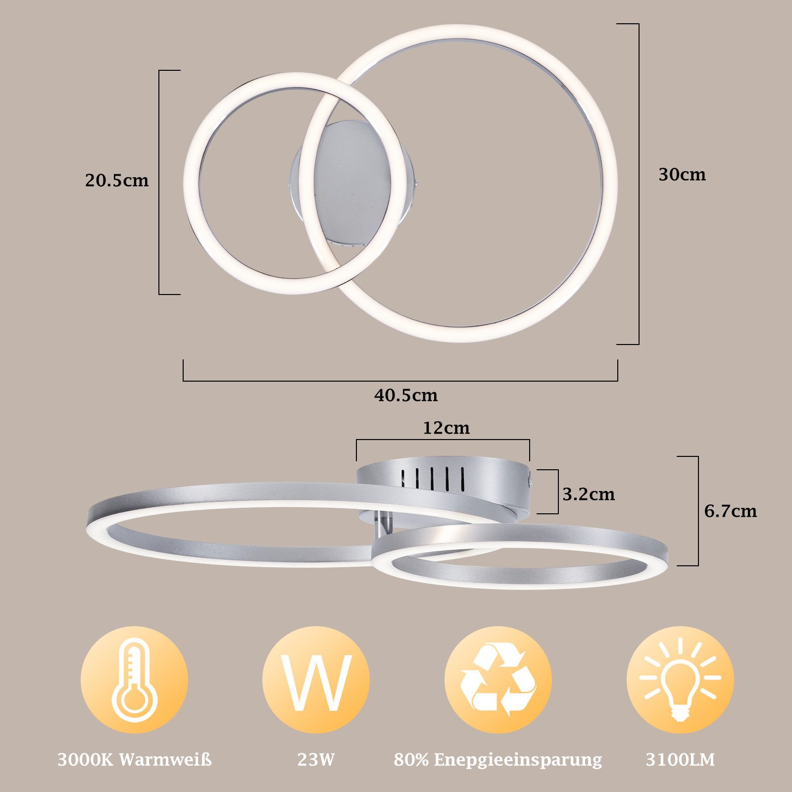 Nettlife LED Deckenleuchte Wohnzimmer 2 Ringe Schwarz/Weiß/Silber Modern 23W Deckenlampe 40.5CM, Nicht dimmbar, LED fest integriert, Warmweiß, für Wohnzimmer Schlafzimmer Flur Büro Balkon Küche