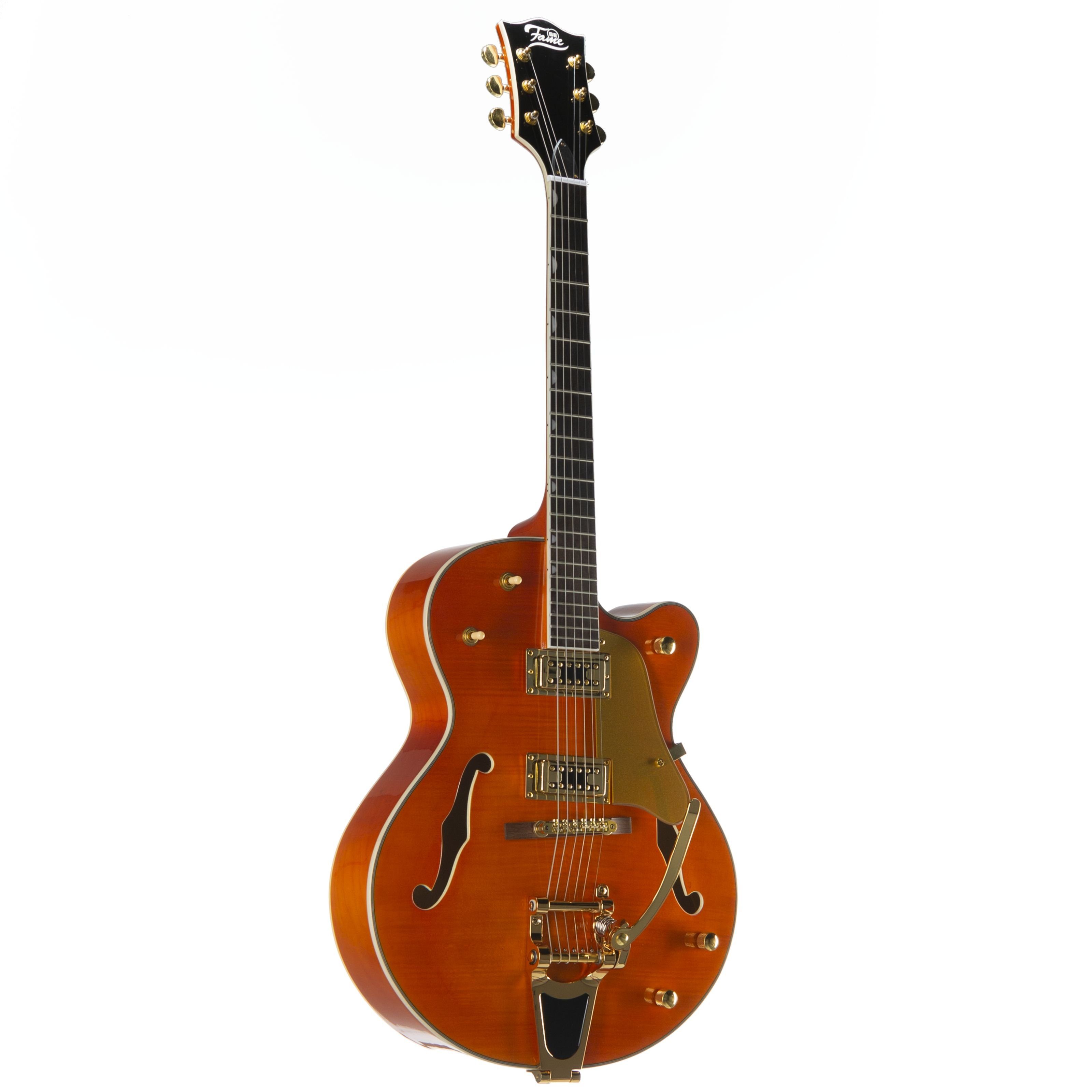 FAME Halbakustik-Gitarre, SE Series Big Boy Orange Halbakustikgitarre elektrische halbakustische Gitarre mit Humbucker Tonabnehmer Semi Electric Guitar mit Riegelahorndecke, Halb-Akustik Гитары, Hollow-Body Modelle, SE Series Big Boy Orange Halbakustikgitarre, elektrische