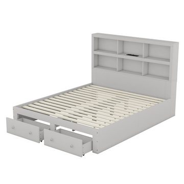 OKWISH Bett Doppelbett, Kingsize-Plattformbett, Holzbett, Lagerungsbett (Kopfteil mit Stauraum, mit zwei Schubladen am Fußende des Bettes), ohne Matratze