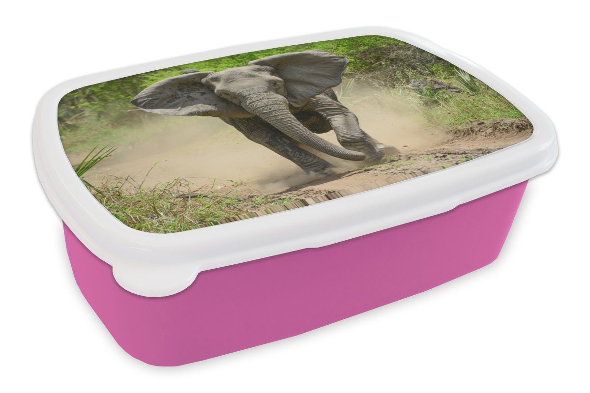 MuchoWow Lunchbox Brotbox Laufender Elefant, Kunststoff Kinder, Snackbox, Erwachsene, für Kunststoff, (2-tlg), Mädchen, Brotdose rosa