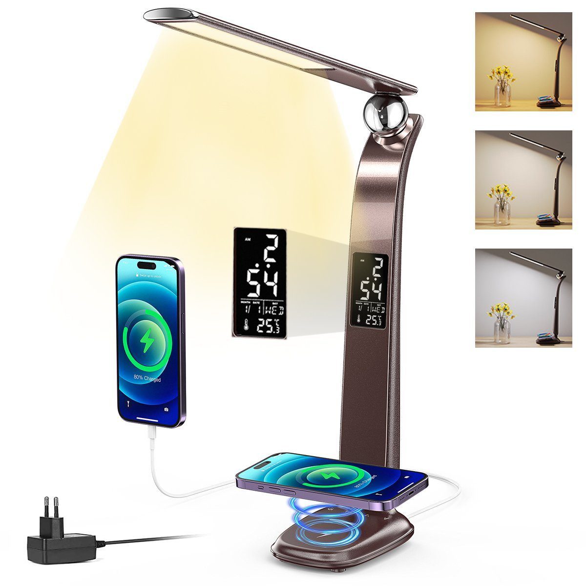 feinlux 3-in-1-Leuchte mit kabelloser Ladestation für Mobiltelefone Ladestation (Packung, LED-Lampe Induktions-Ladegerät, 3 Farbtemperaturen, 3 Helligkeitsstufen, kabellose Qi-Ladestation)