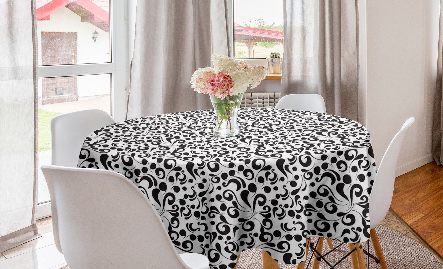 Abdeckung Schwarz Abakuhaus Kreis Kunst Esszimmer Curly Dekoration, Küche für Tischdecke Tischdecke Blatt und weiß