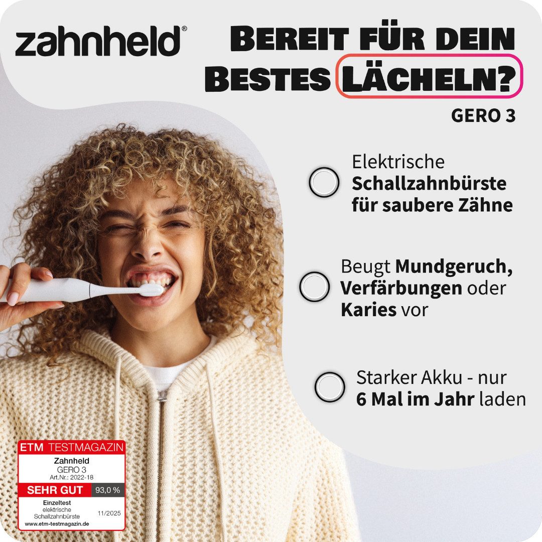 Zahnheld Elektrische Zahnbürste Schallzahnbürste Gero mit Etui weiß, 5 Putzmodi, Zahnpflege, Mundpflege, Reisezahnbürste, Zahnbürste mit Schall, USB Ladestation