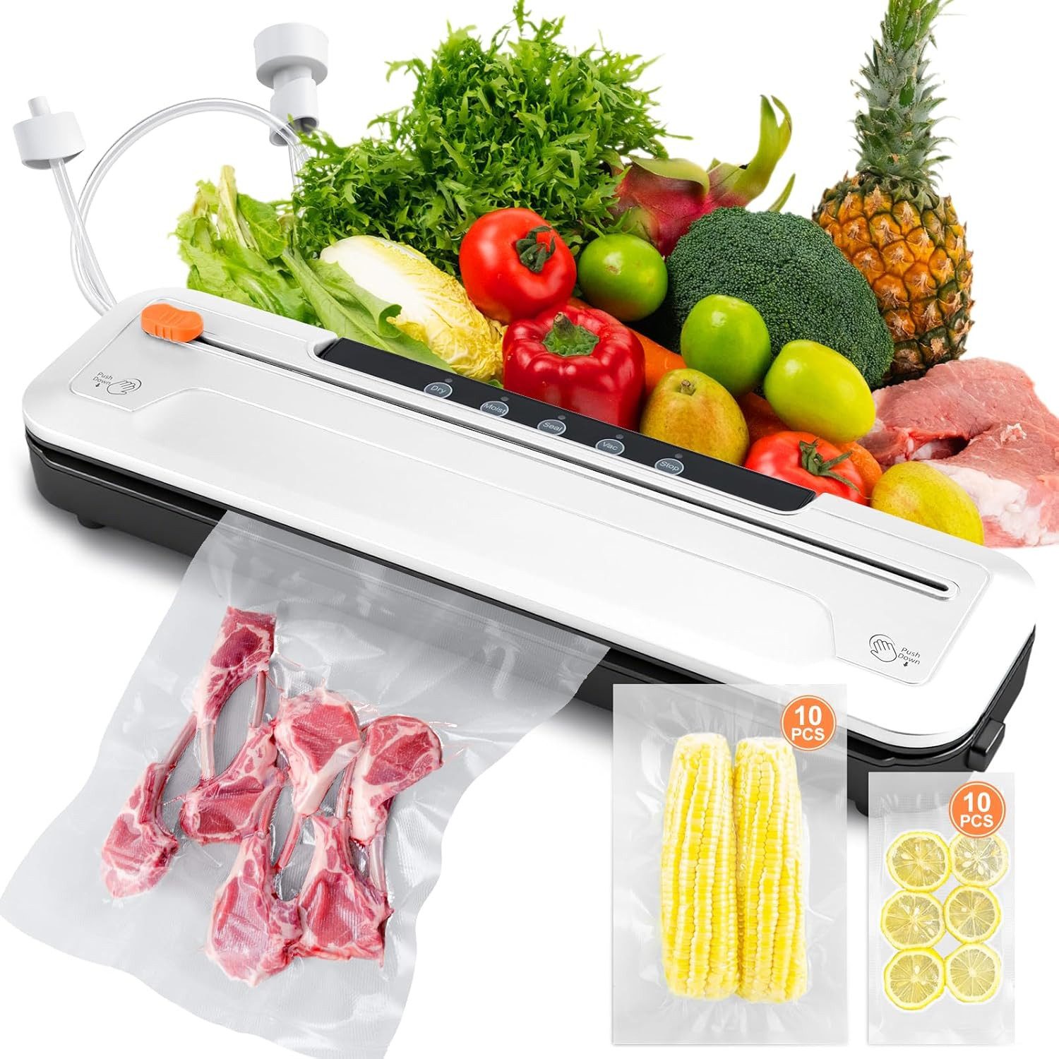 LaCute Vakuumierer Vakuumiergerät Weiß 65 kPa Lebensmittelversiegler mit 20 Beuteln, Rollenbreite 30 cm, 120W, 65 kPa Saugleistung, Weiß, kompakt, inkl. 20 Vakuumbeutel