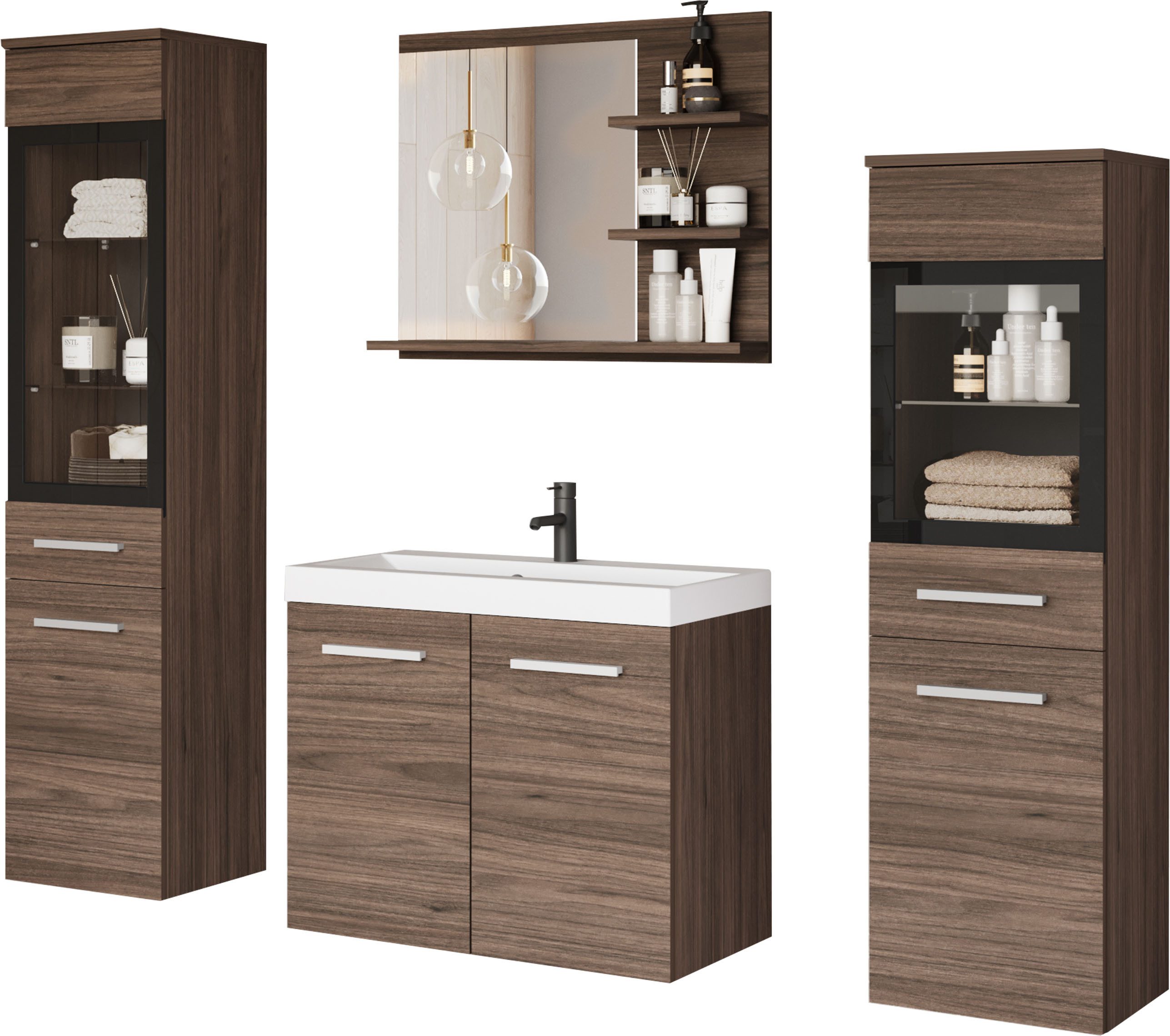 welltime Badmöbel-Set MADRIT, (Komplett-Set, 5-St., mit Waschbecken), Waschtisch inkl. Waschbecken, Badschrank, Hochschrank, Spiegel