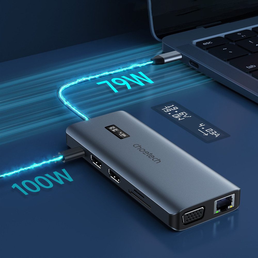 Choetech USB-Hub Dockingstation Display Dockingstation (12-in-1, Display, 2x HDMI 4K, LAN, PD 100W)