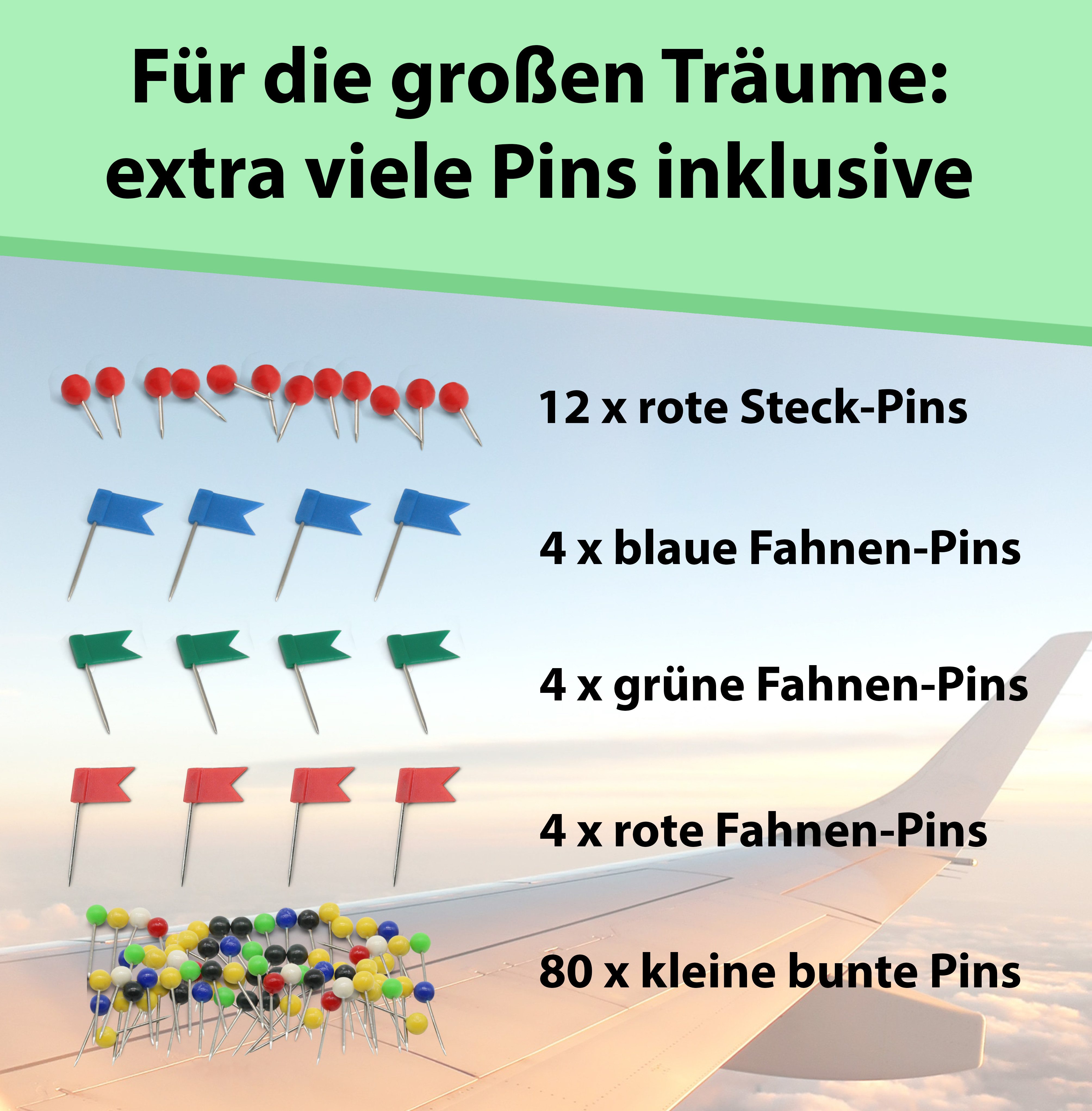 Feinknick Globus Drehbarer Korkglobus mit 54 unterschiedlichen Pinnadeln, Globus aus Kork 25cm hoch als ideale Geschenkidee – Bild 5 von 5