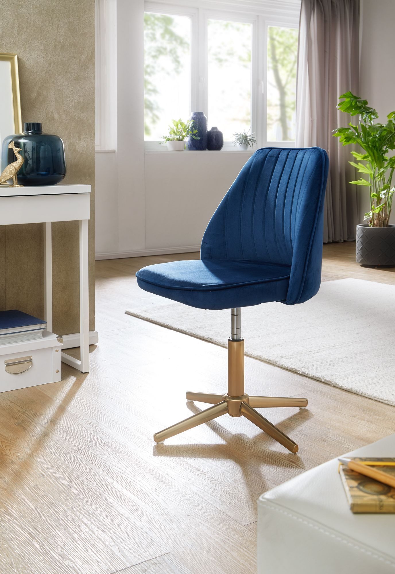 FINEBUY Drehstuhl Samt Schreibtischstuhl Drehbar Modern Schalenstuhl (Drehbar, Schreibtischstuhl 120 kg Höhenverstellbar), Design Schalenstuhl Drehbar mit Lehne, Samt Blau