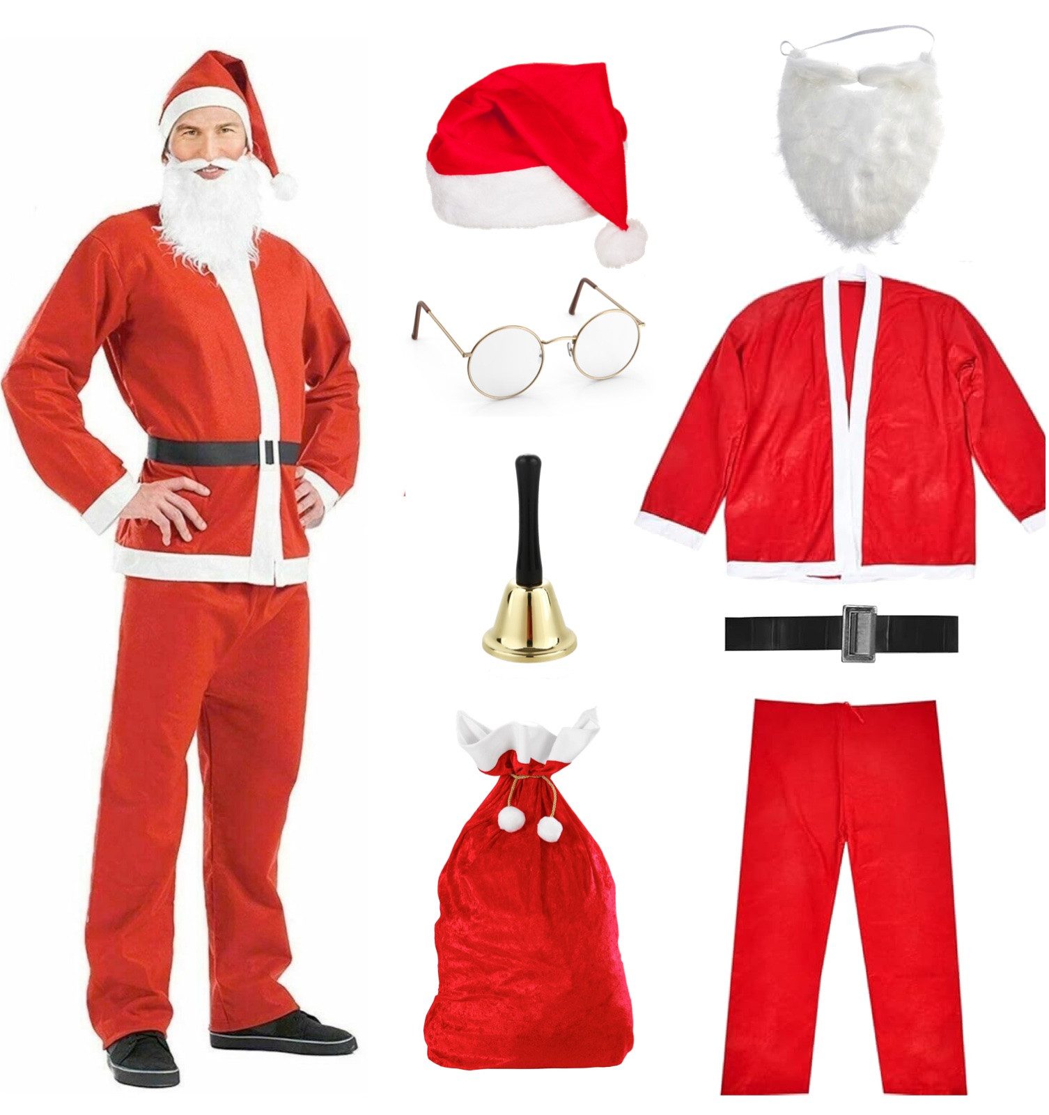 Costumed Kostüm Weihnachtsmannkostüm, 8-teilig, mit Bart, Sack und Glocke