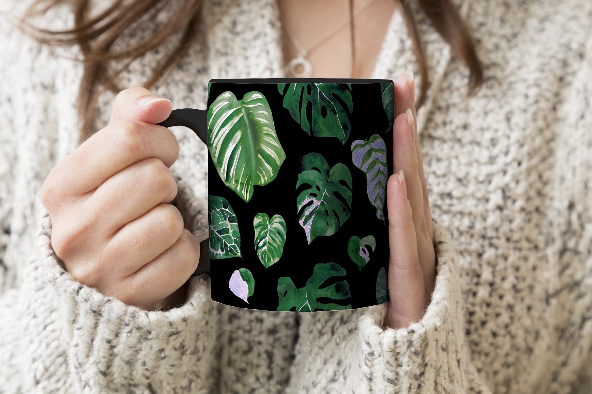 Keramik, Zaubertasse, Pflanzen, Blätter Muster Kaffeetassen, - - Geschenk MuchoWow Tasse Farbwechsel, Teetasse,