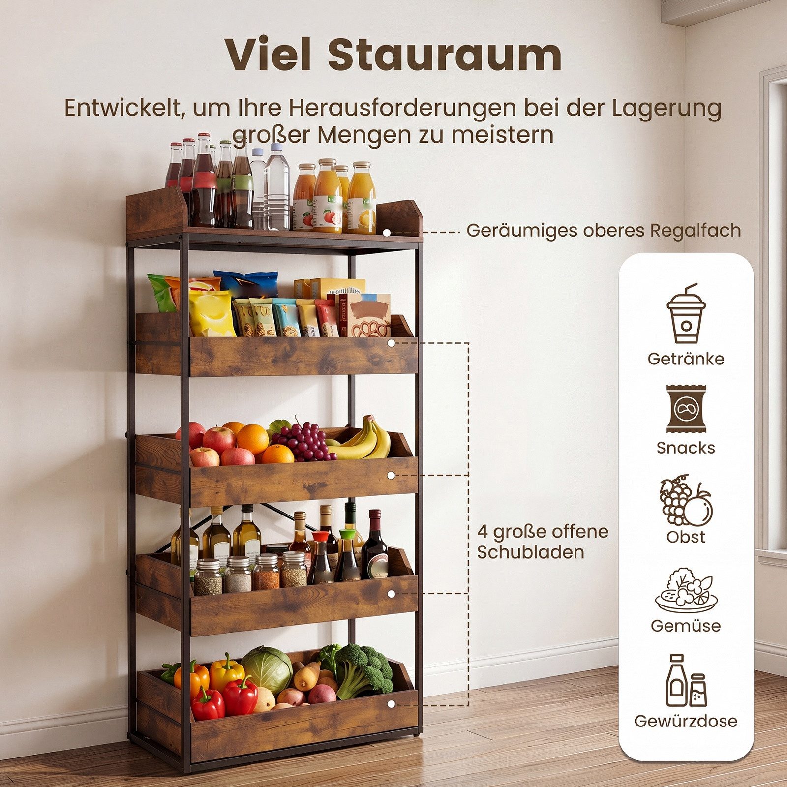 COSTWAY Küchenregal stehend mit 4 ausziehbaren Schubladen Standregal Küche, Holz – Bild 3 von 5